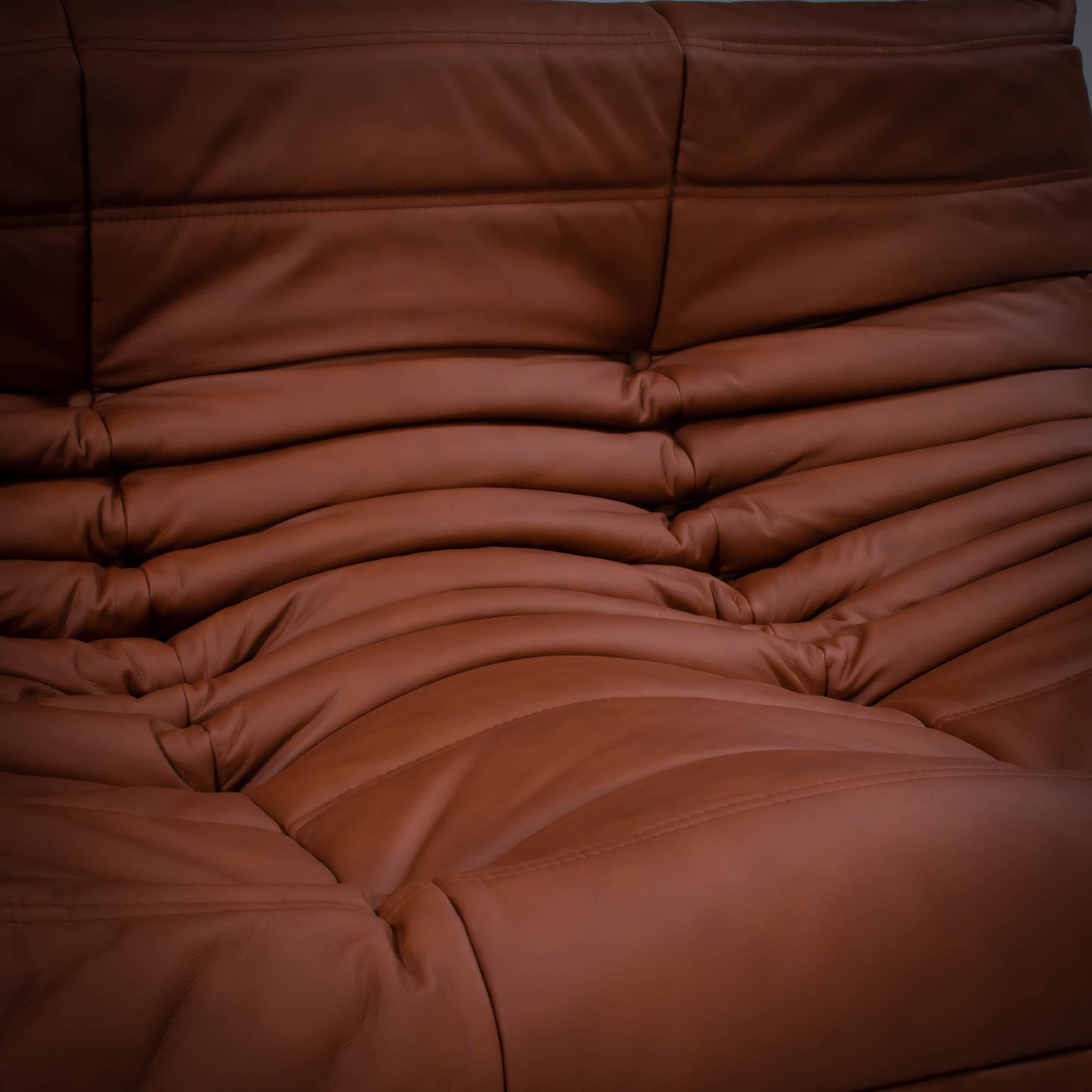 French Michel Ducaroy for Ligne Roset Togo Brown Leather Modular Sofa, Set of Five For Sale
