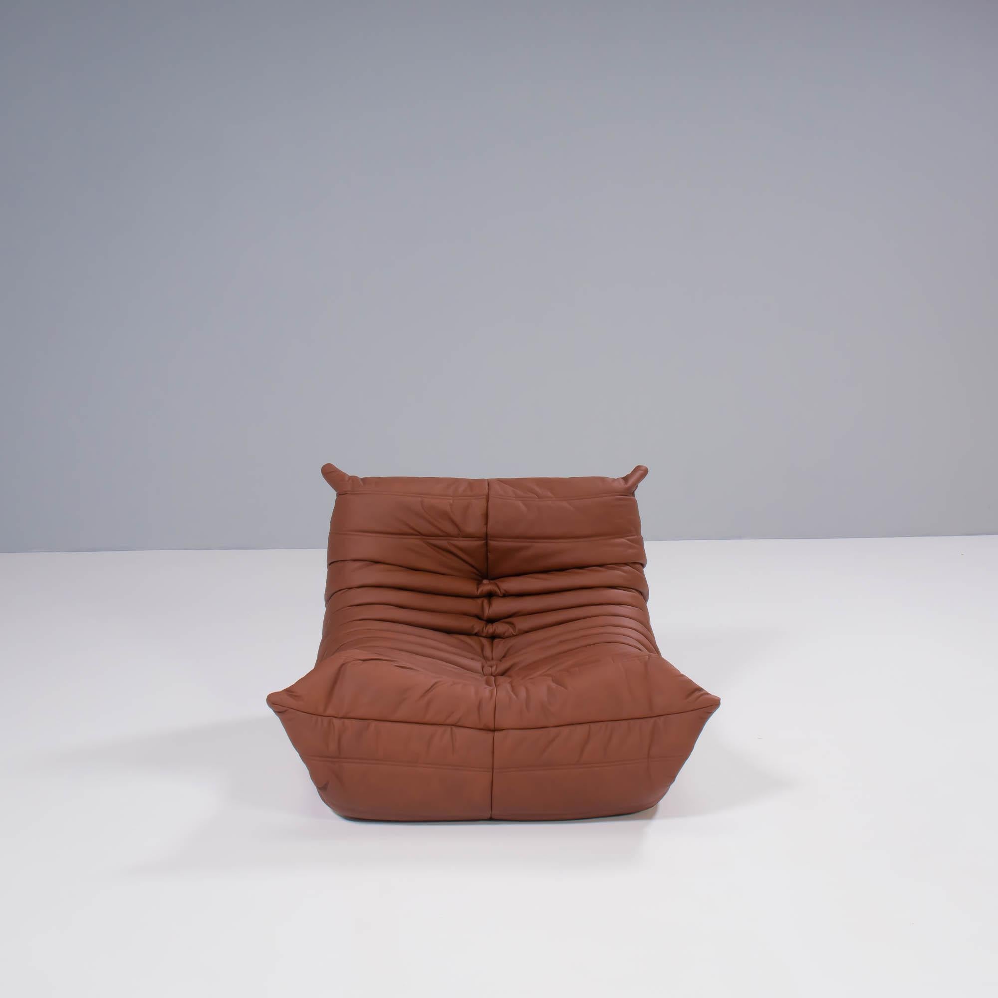 Michel Ducaroy for Ligne Roset Togo Brown Leather Modular Sofa, Set of Five In Excellent Condition For Sale In Basildon, London