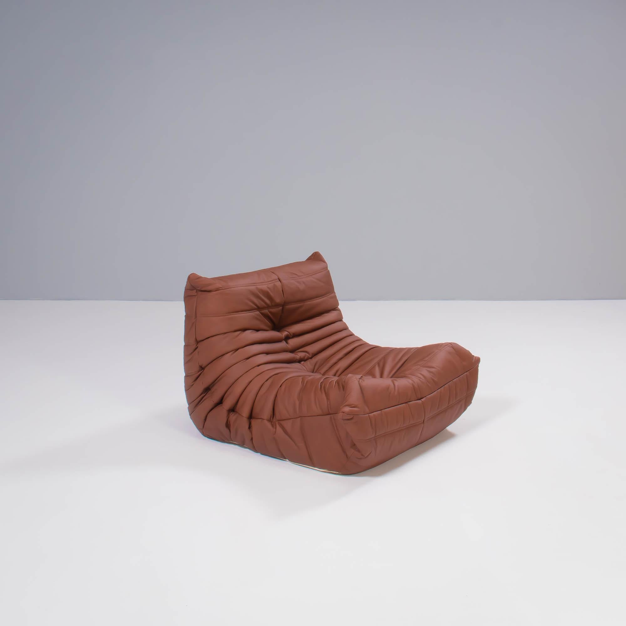 Late 20th Century Michel Ducaroy for Ligne Roset Togo Brown Leather Modular Sofa, Set of Five For Sale