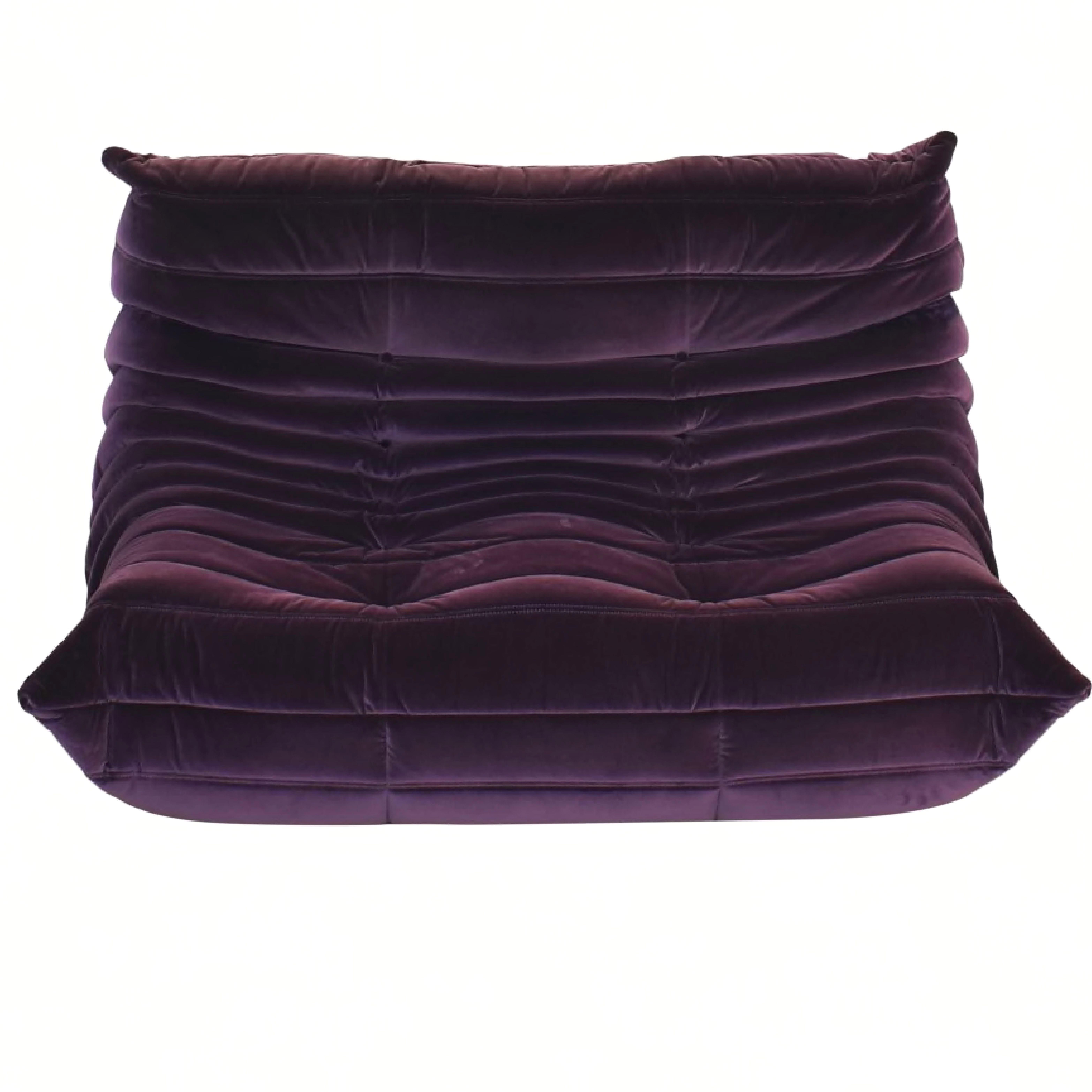 Mid-Century Modern Michel Ducaroy for Ligne Roset Togo Loveseat Sofa, Herald Cassis Purple Velvet 