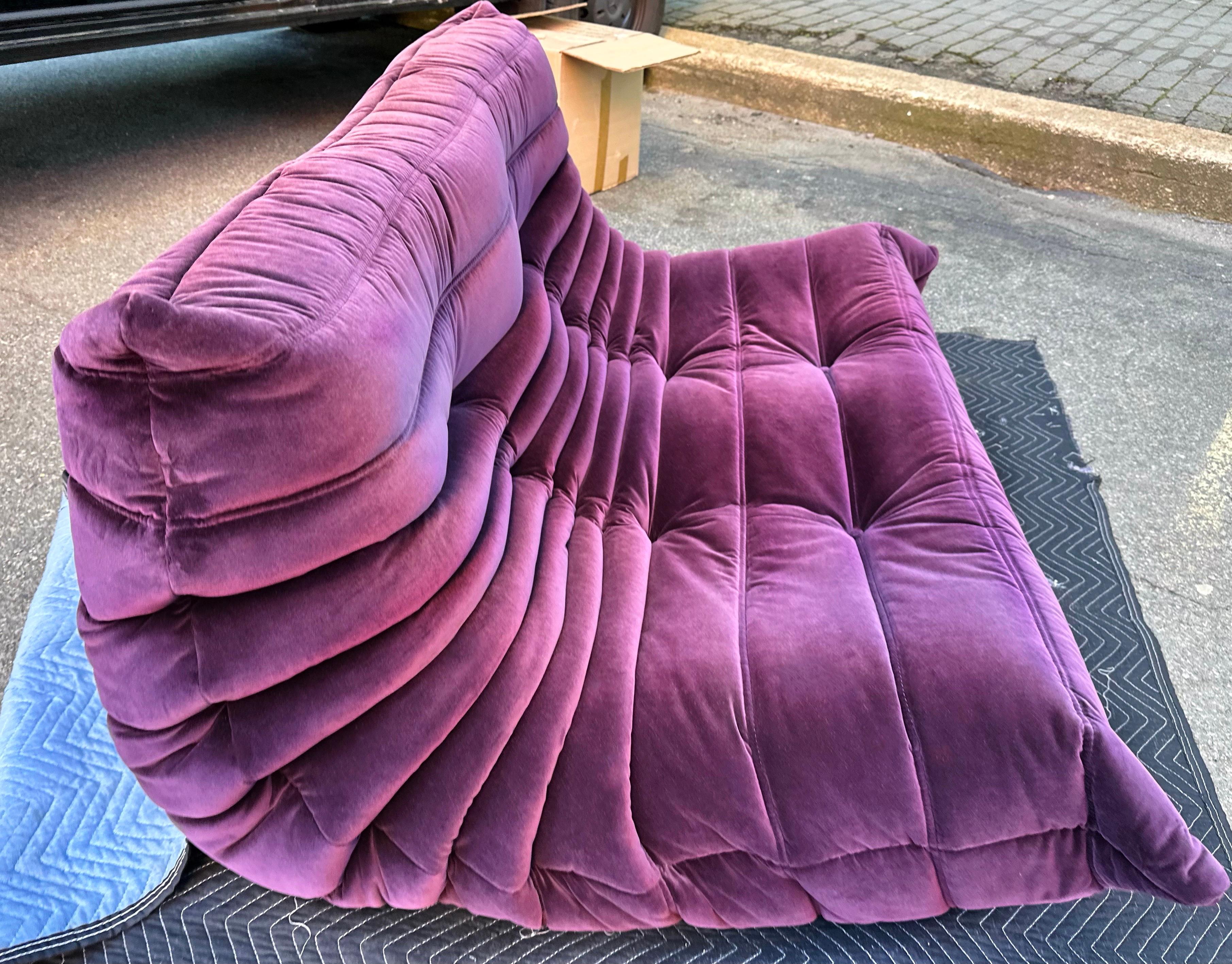 Textile Michel Ducaroy for Ligne Roset Togo Loveseat Sofa, Herald Cassis Purple Velvet 