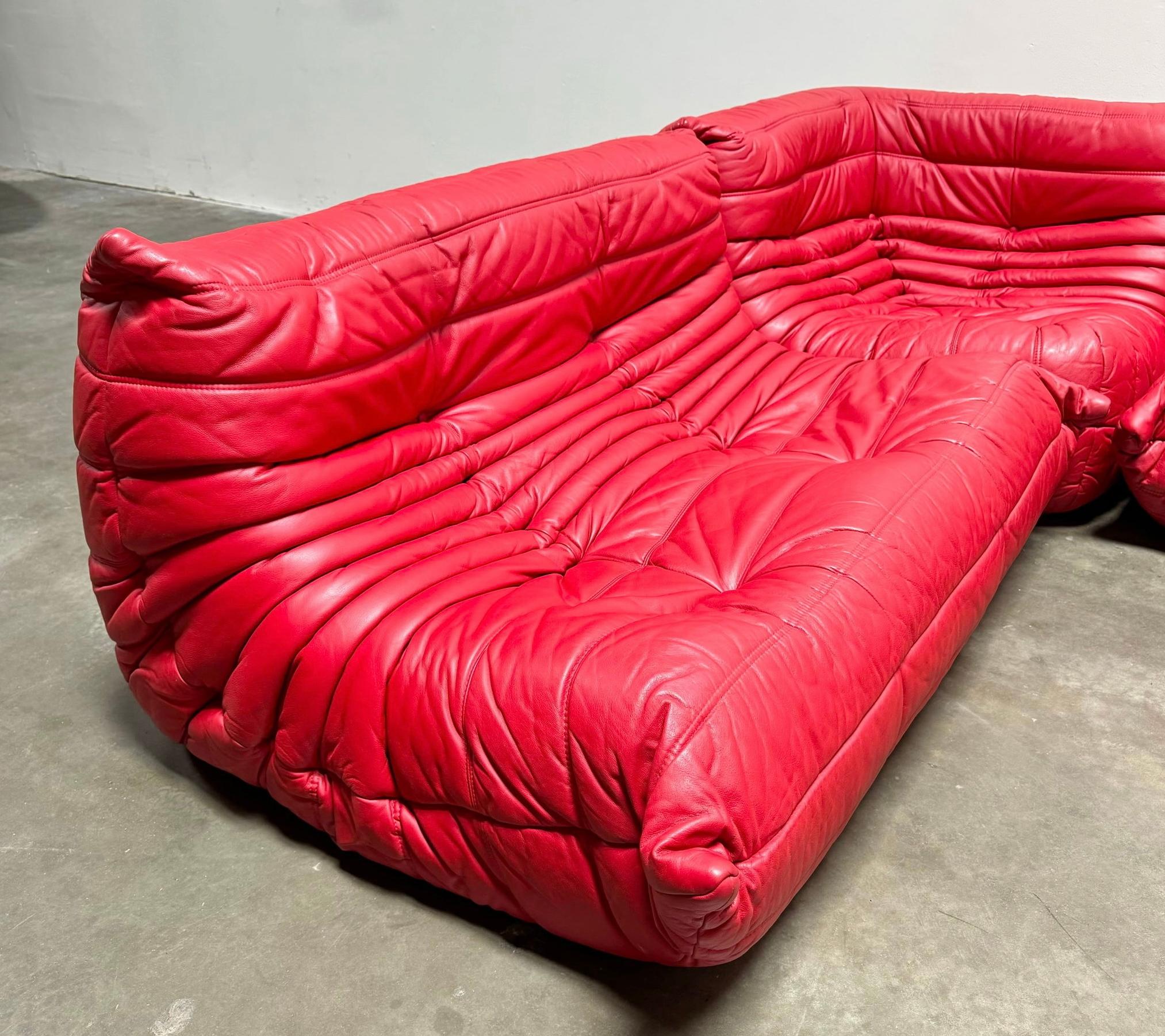 French Michel Ducaroy for Ligne Roset Togo Red Leather Sectional Sofa Set