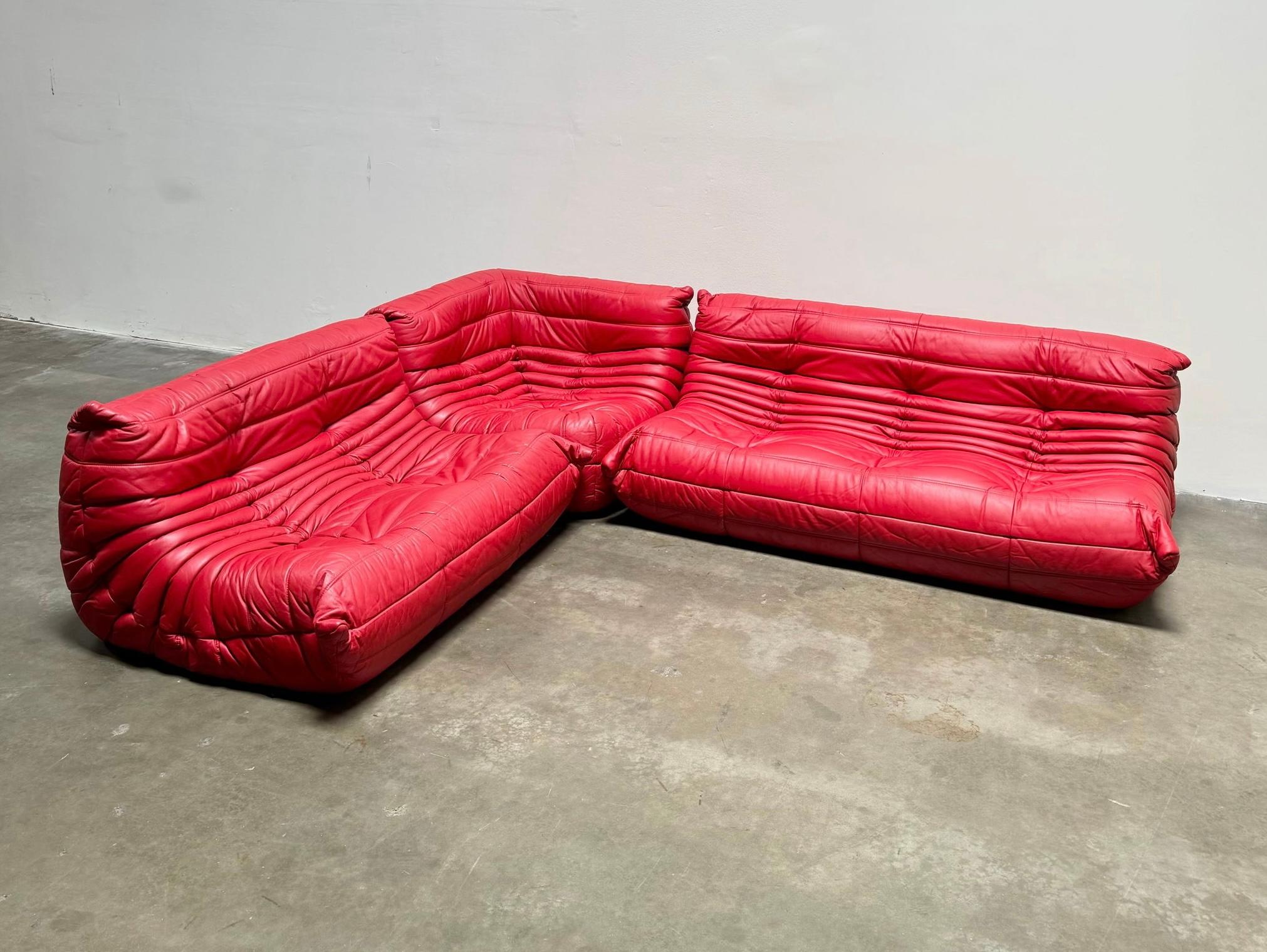 Hand-Crafted Michel Ducaroy for Ligne Roset Togo Red Leather Sectional Sofa Set