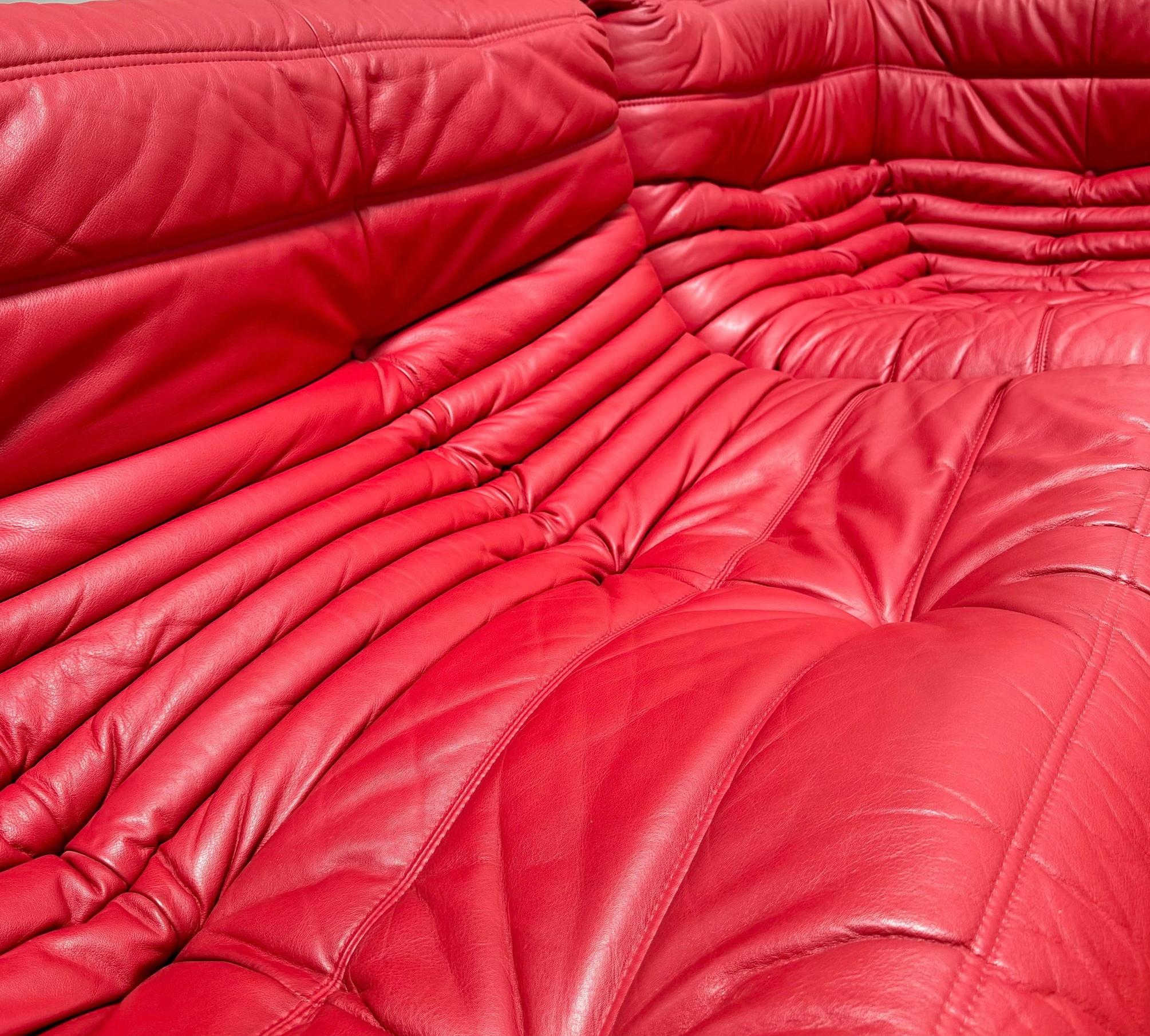 Michel Ducaroy for Ligne Roset Togo Red Leather Sectional Sofa Set In Good Condition In Palm Springs, CA