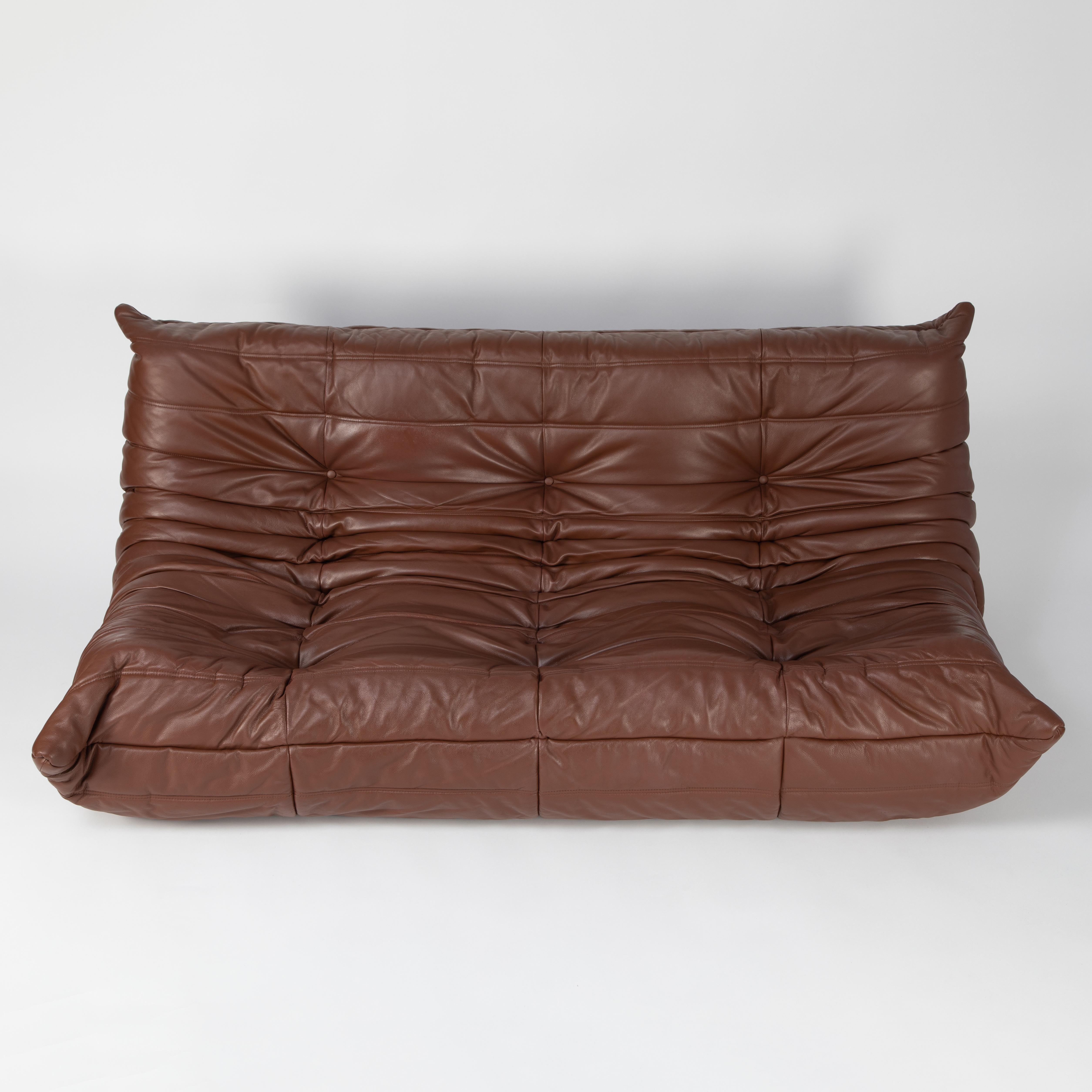 Extraordinarily comfortable Classic sofa from French designer Michel Ducaroy's Togo line for Ligne Roset. Designed in 1973, the Togo collection features ergonomic all-foam forms with quilted covers, this example in a lovely whiskey-color leather.