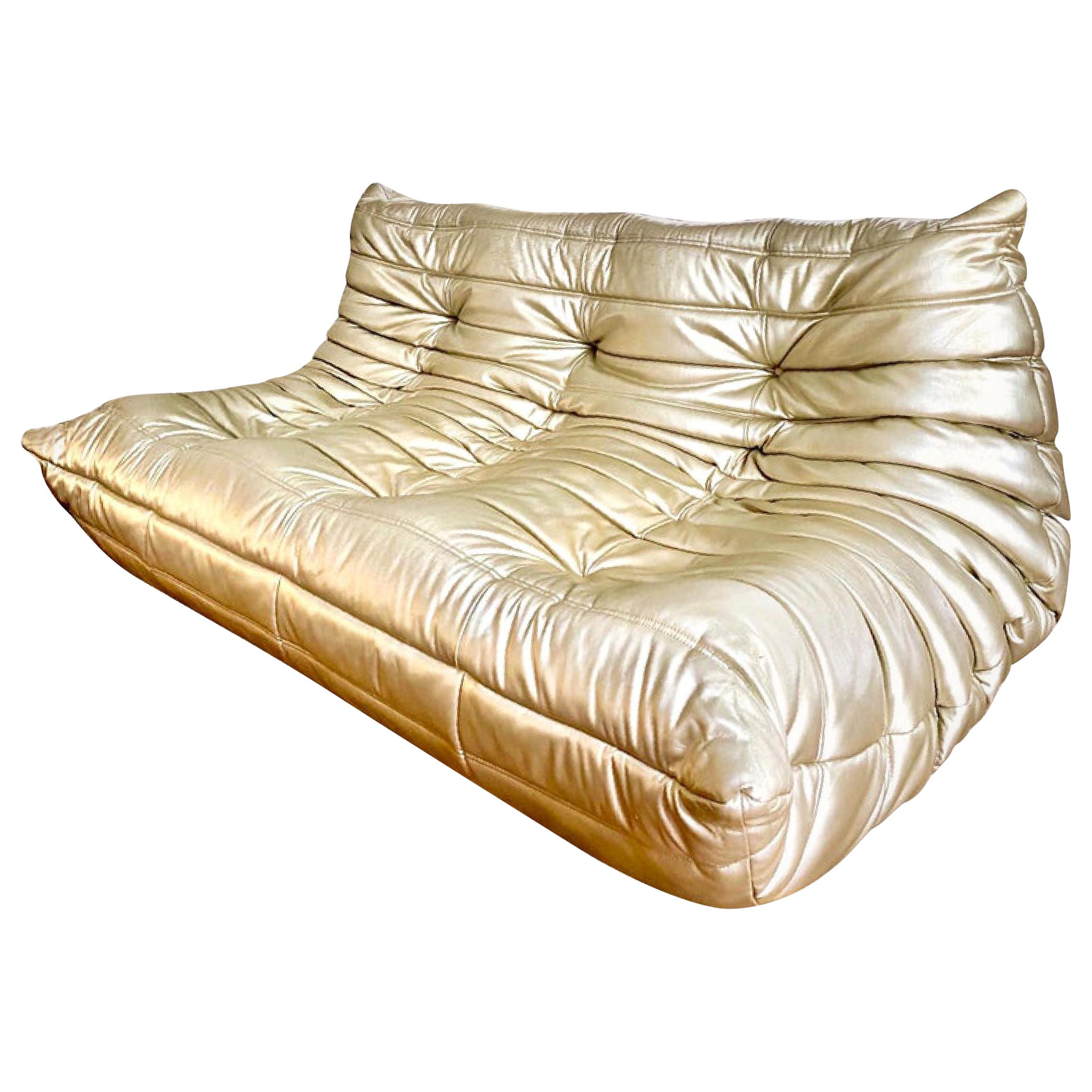 Michel Ducaroy for Ligne Roset Togo Living Room Sofa Set of 2, Gold, Sectional In Fair Condition In Brooklyn, NY