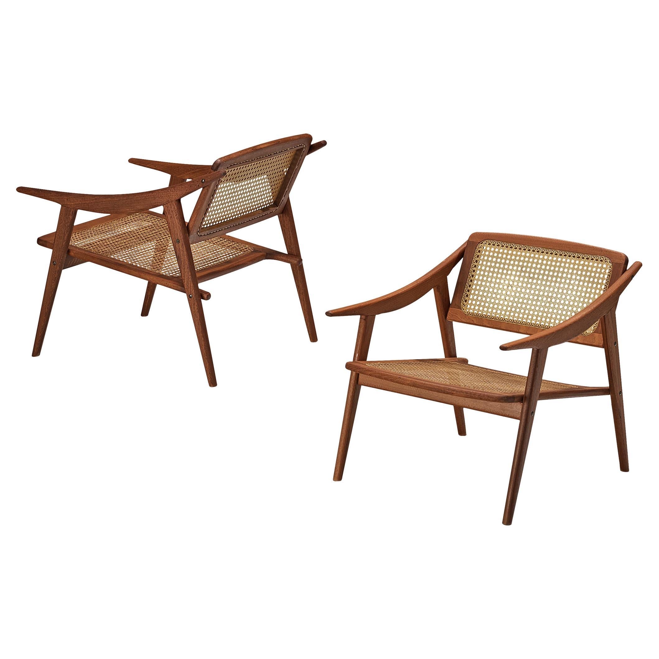 Michel Ducaroy for SNA Roset Pair of Lounge Chairs in Teak and Cane  For Sale