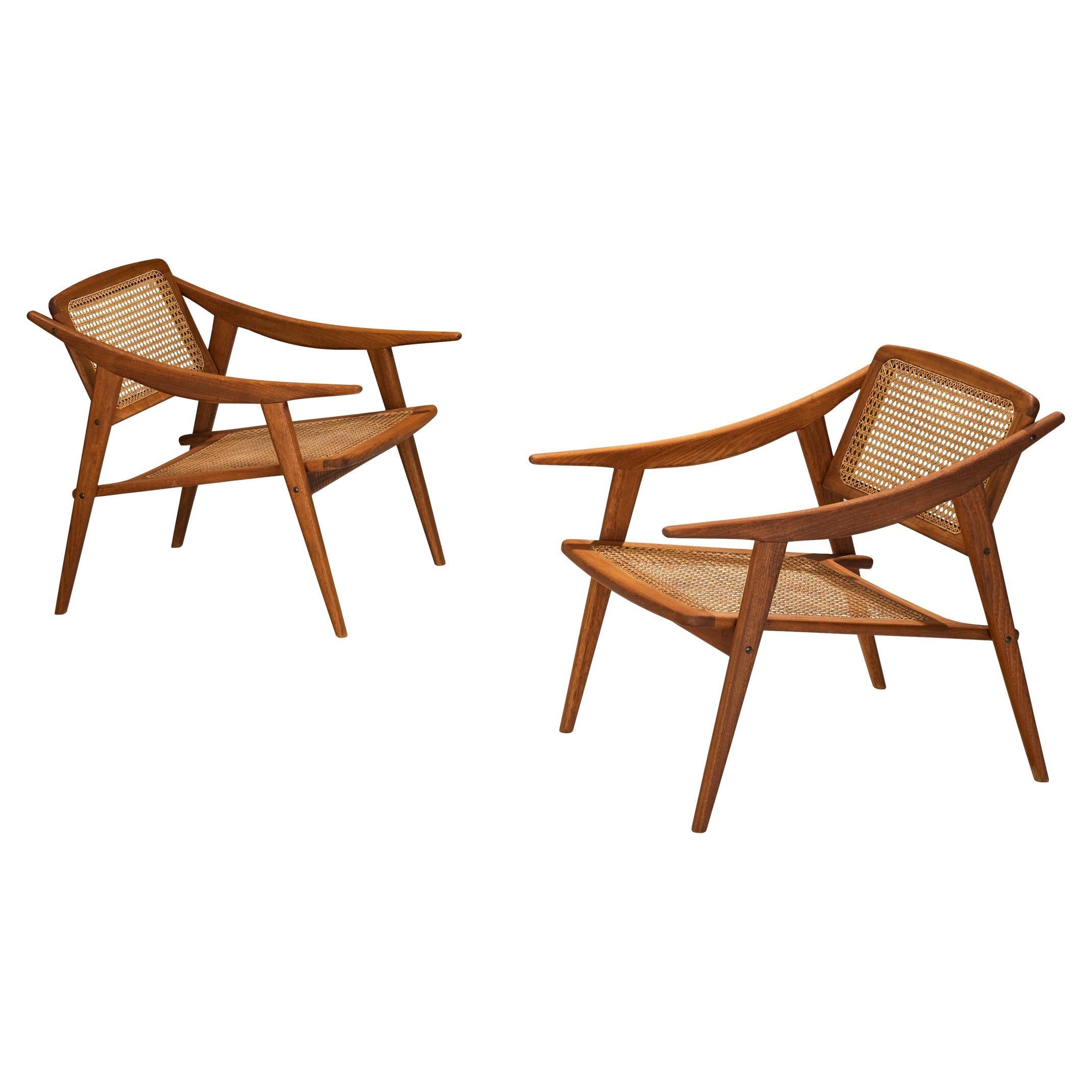 Michel Ducaroy for SNA Roset Pair of Lounge Chairs in Teak and Cane