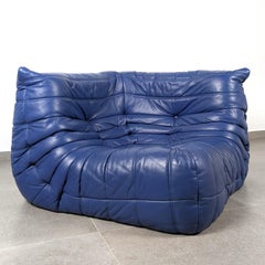 Michel Ducaroy Ligne Roset Blue Leather Togo Corner Sofa France 1980s