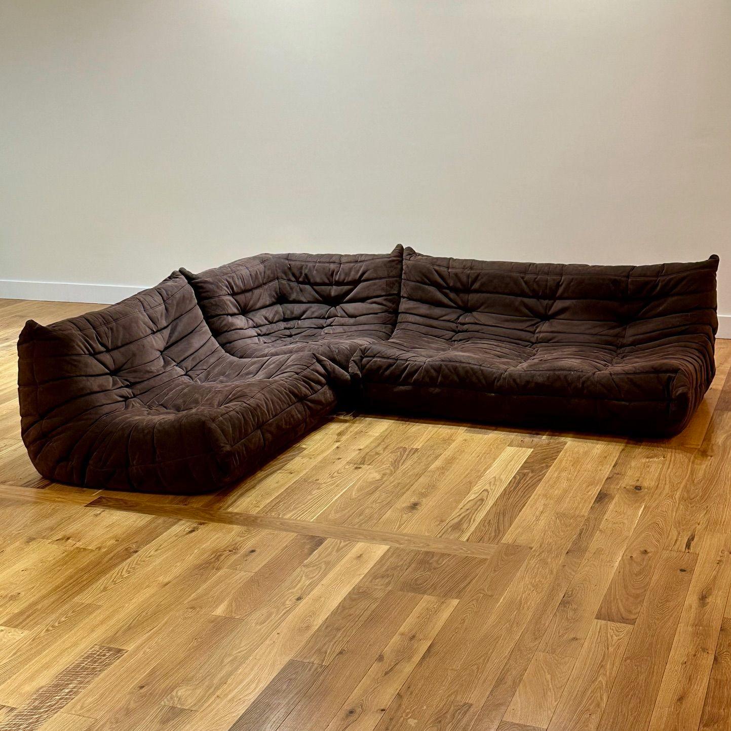 Michel Ducaroy, Ligne Roset, Mid-Century Modern, Togo Sofa Set, Brown Suede

Iconic three piece 'Togo' sofa designed by Michel Ducaroy (French, 1925-2009) for Ligne Roset, France in 1973. This set is comprised o three seating elements, a corner
