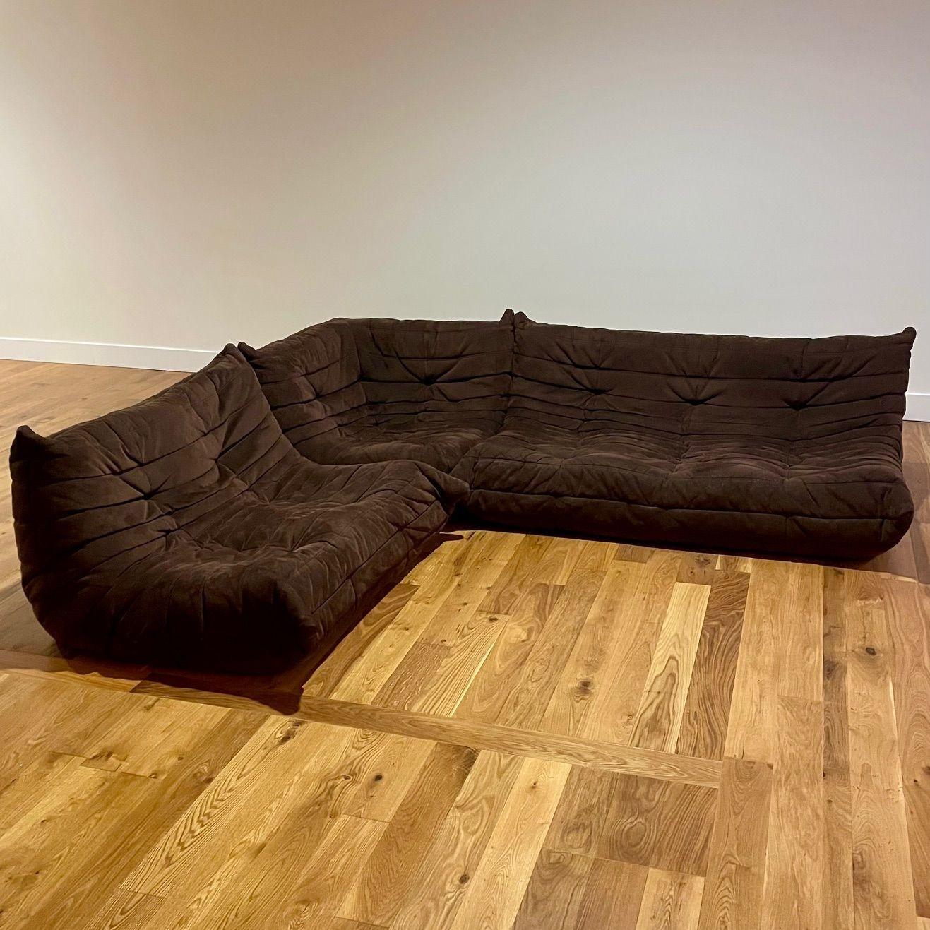 French Michel Ducaroy, Ligne Roset, Mid-Century Modern, Togo Sofa Set, Brown Suede