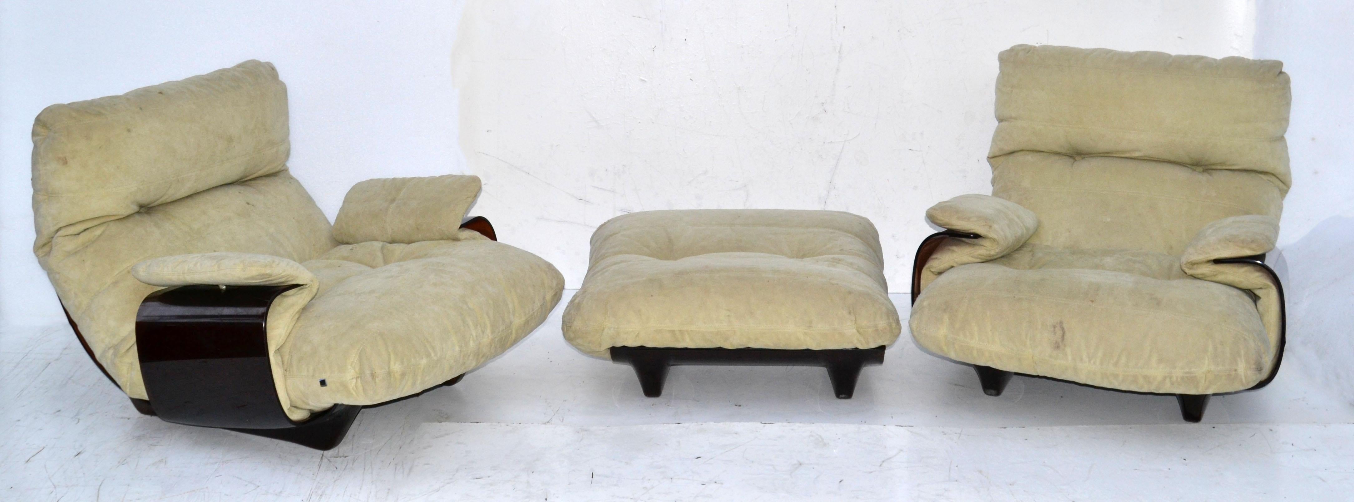 Michel Ducaroy 'Marsala' Ultra-Suede & Bronze Lucite 2 Lounge Chairs & Ottoman For Sale 5
