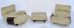 Michel Ducaroy 'Marsala' Ultra-Suede & Bronze Lucite 2 Lounge Chairs & Ottoman