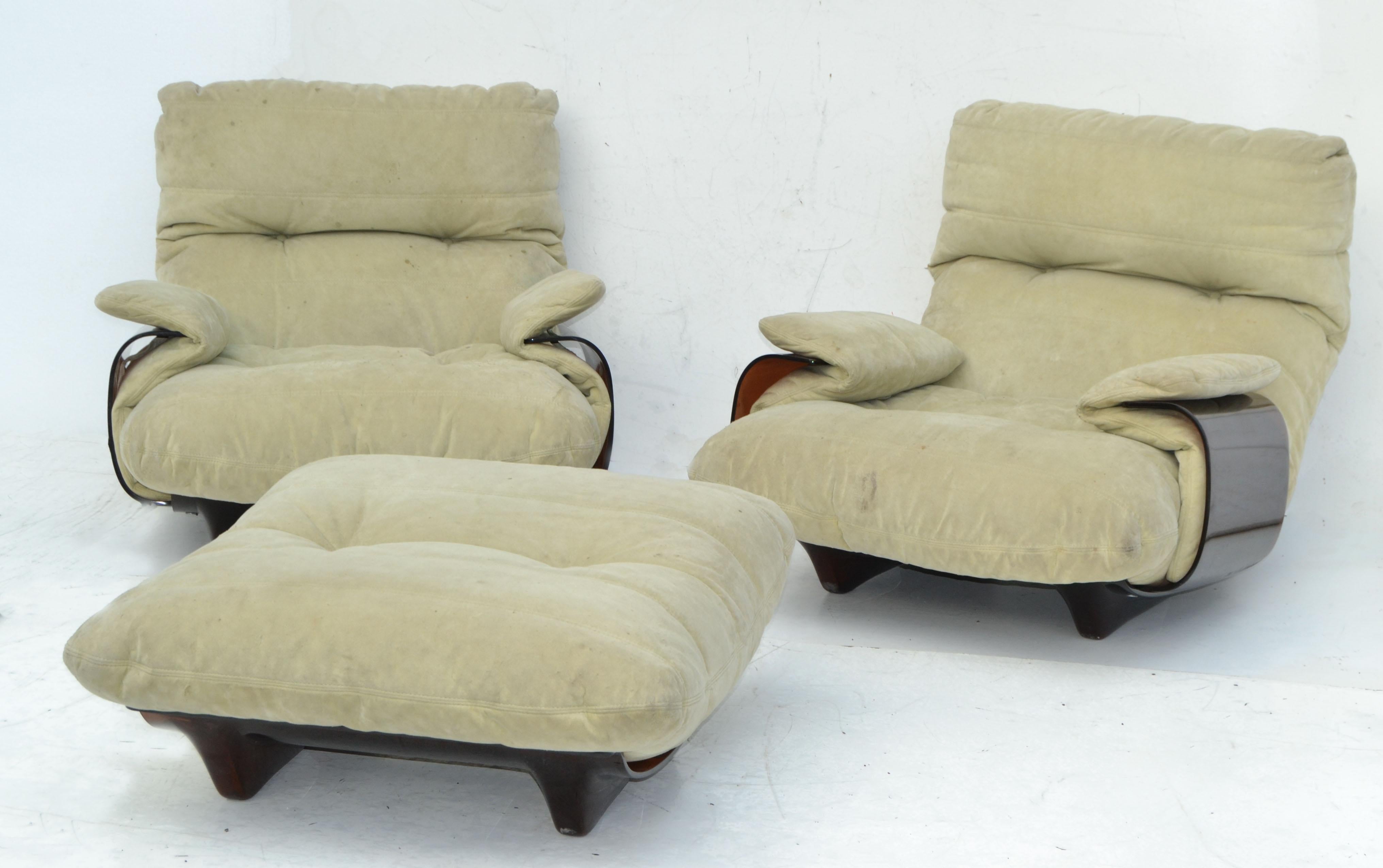 Michel Ducaroy 'Marsala' Ultra-Suede & Bronze Lucite 2 Lounge Chairs & Ottoman For Sale 13