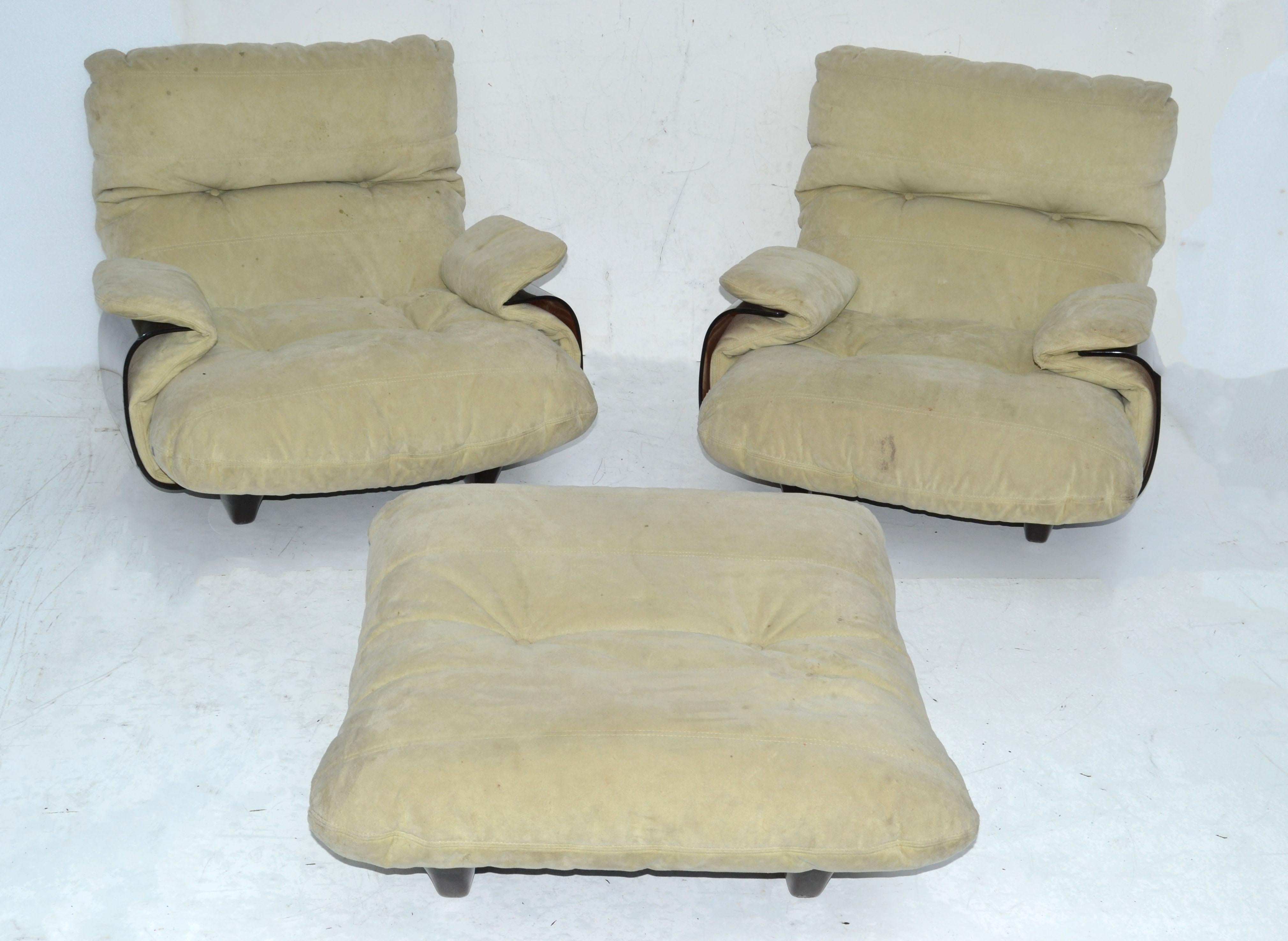 French Michel Ducaroy 'Marsala' Ultra-Suede & Bronze Lucite 2 Lounge Chairs & Ottoman For Sale