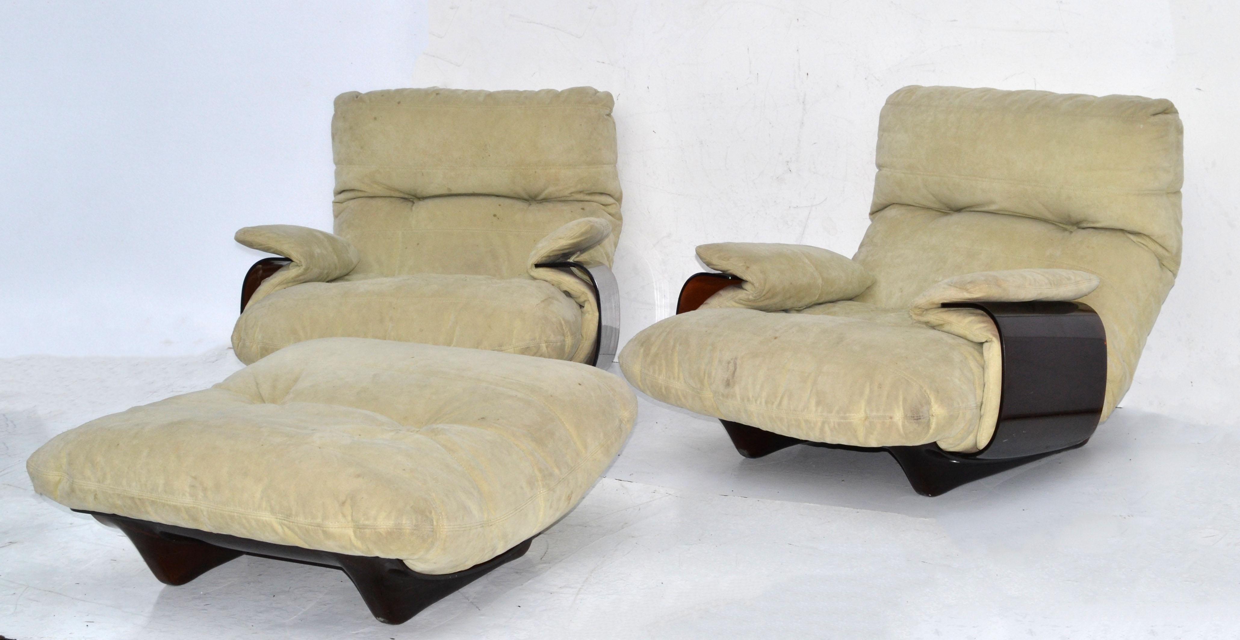 Mid-20th Century Michel Ducaroy 'Marsala' Ultra-Suede & Bronze Lucite 2 Lounge Chairs & Ottoman For Sale