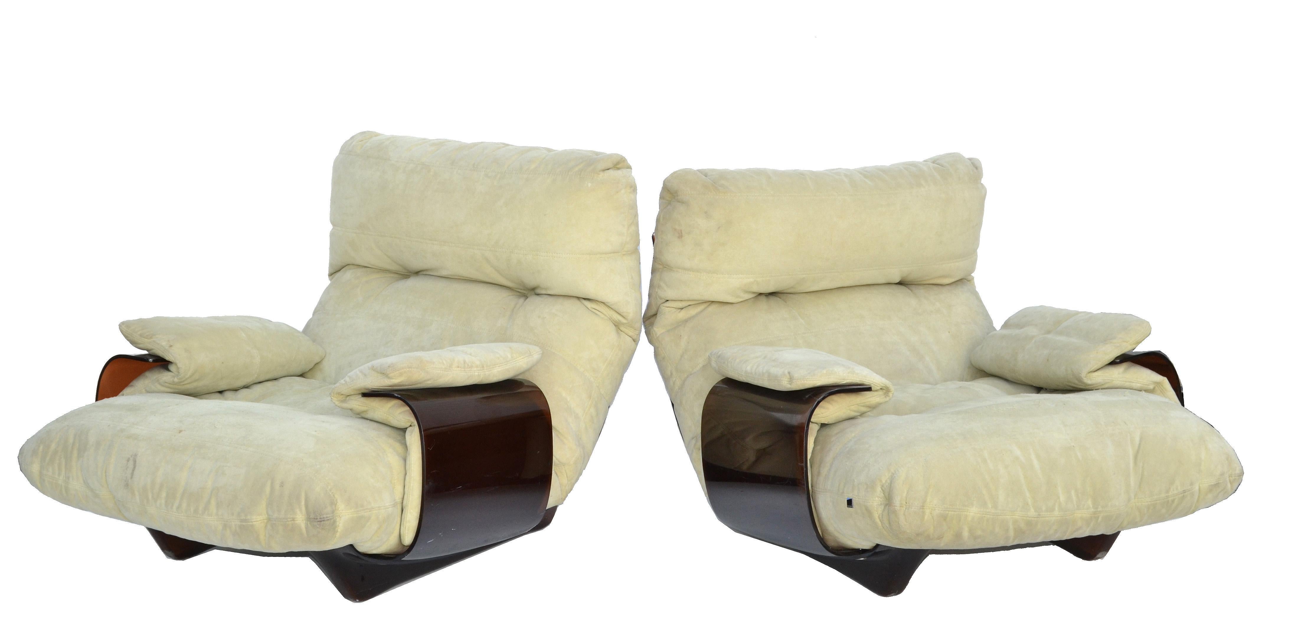 Michel Ducaroy 'Marsala' Ultra-Suede and Bronze Lucite Lounge Chairs, Pair 9