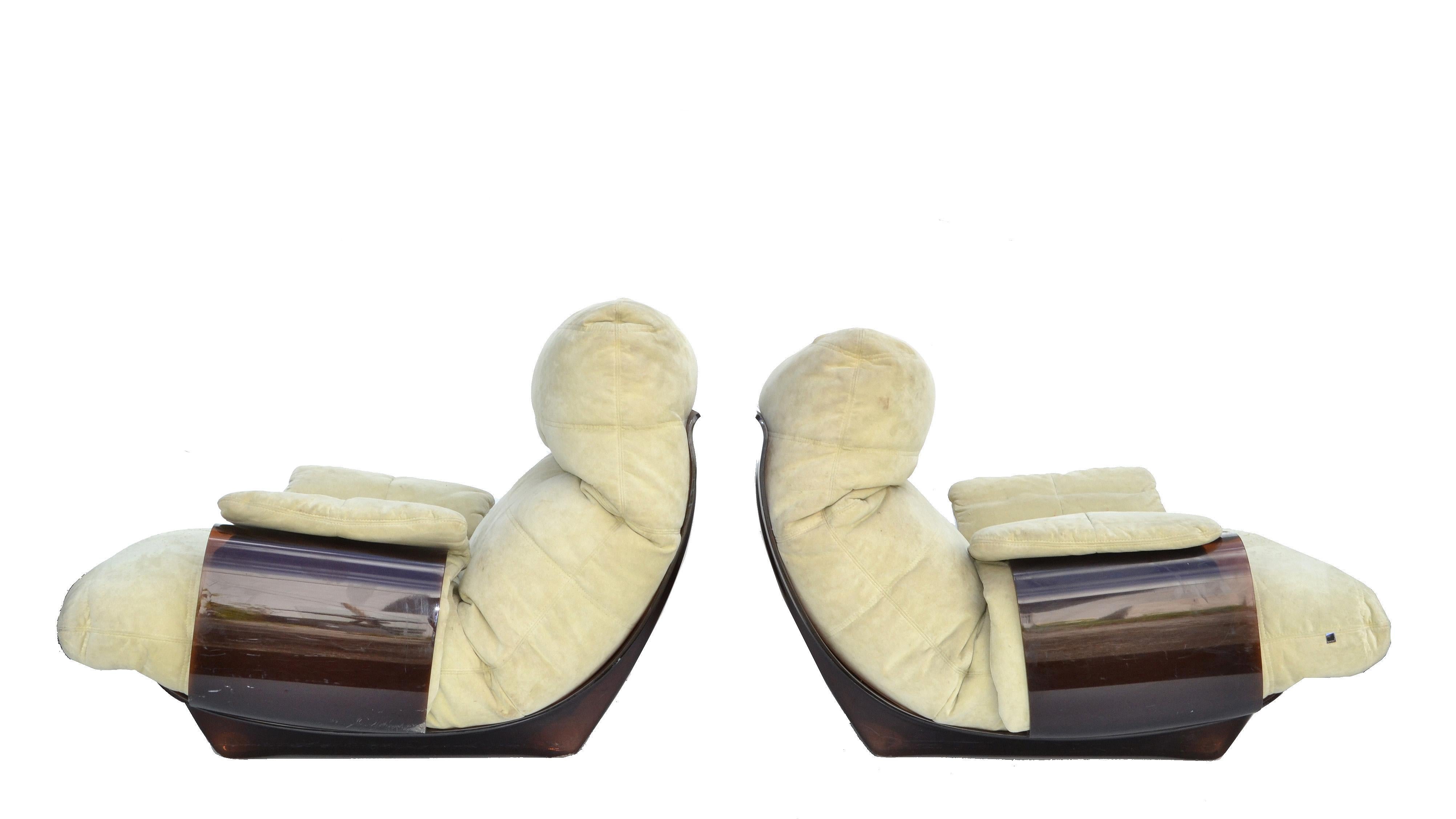 Mid-Century Modern Michel Ducaroy 'Marsala' Ultra-Suede and Bronze Lucite Lounge Chairs, Pair