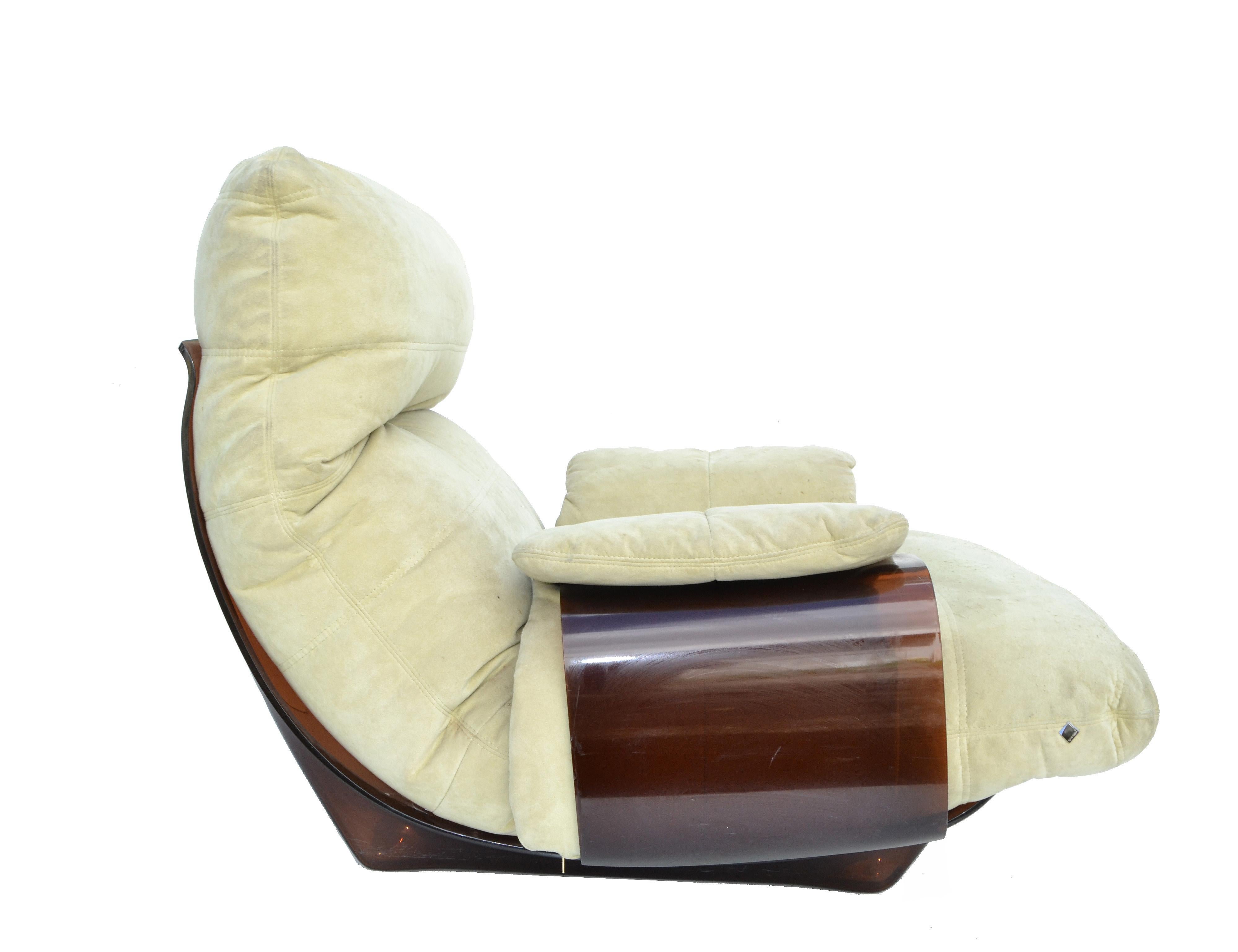 Mid-20th Century Michel Ducaroy 'Marsala' Ultra-Suede and Bronze Lucite Lounge Chairs, Pair