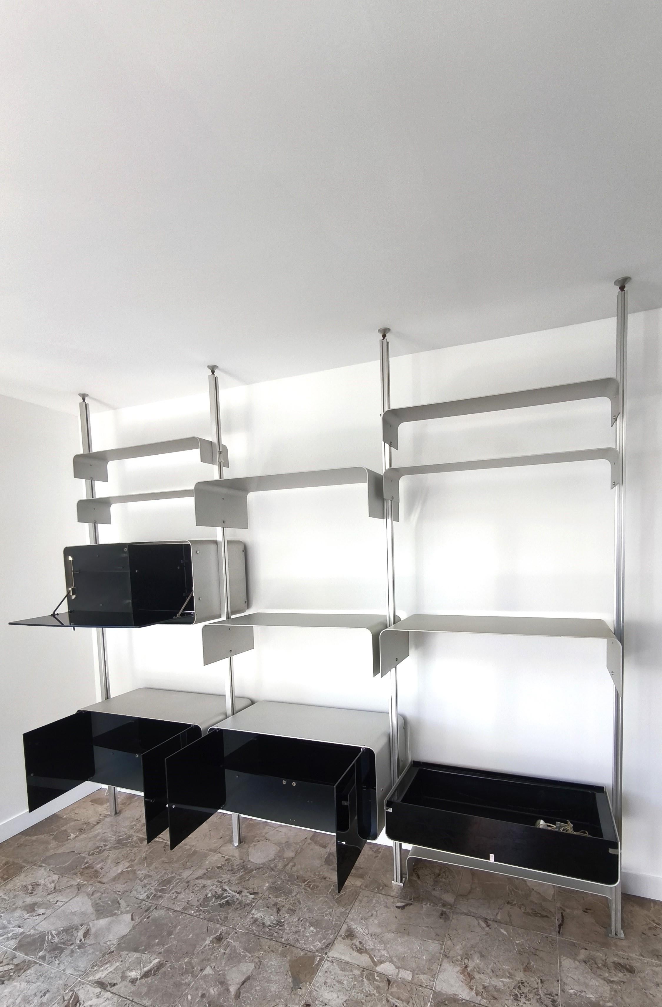 Michel Ducaroy modular bookcase wall unit, aluminum boxes and shelves, 70s 7