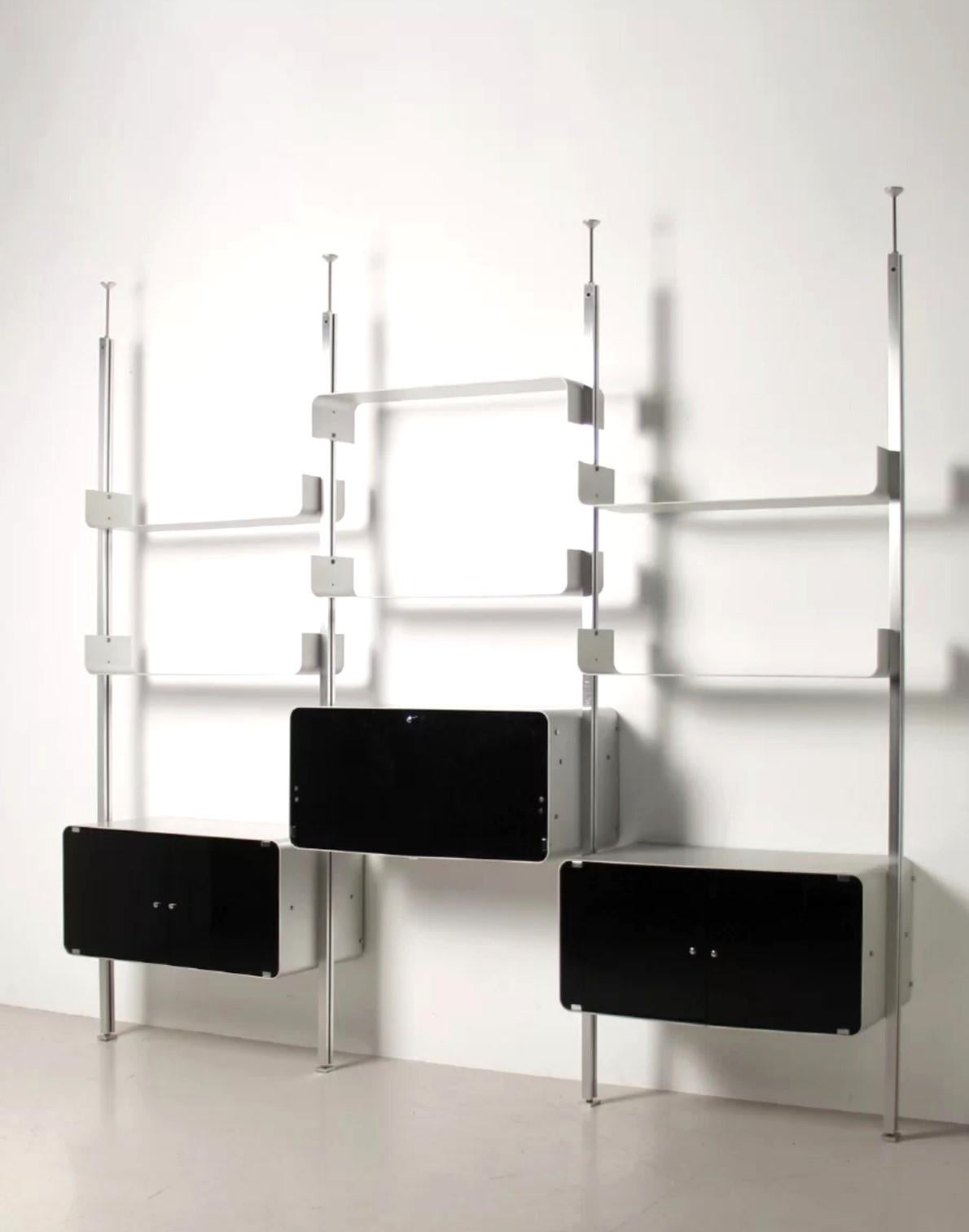 French Michel Ducaroy modular bookcase wall unit, aluminum boxes and shelves, 70s