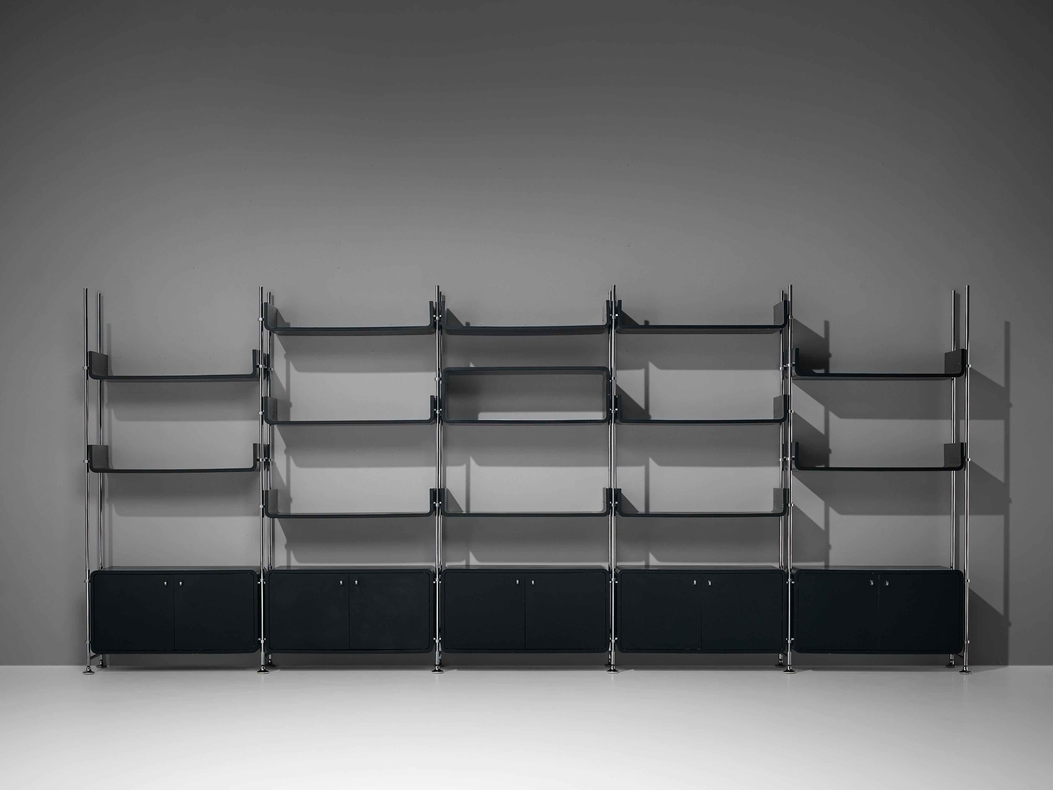 Michel Ducaroy Modular Wall Unit in Black Lacquered Wood and Steel For Sale 4