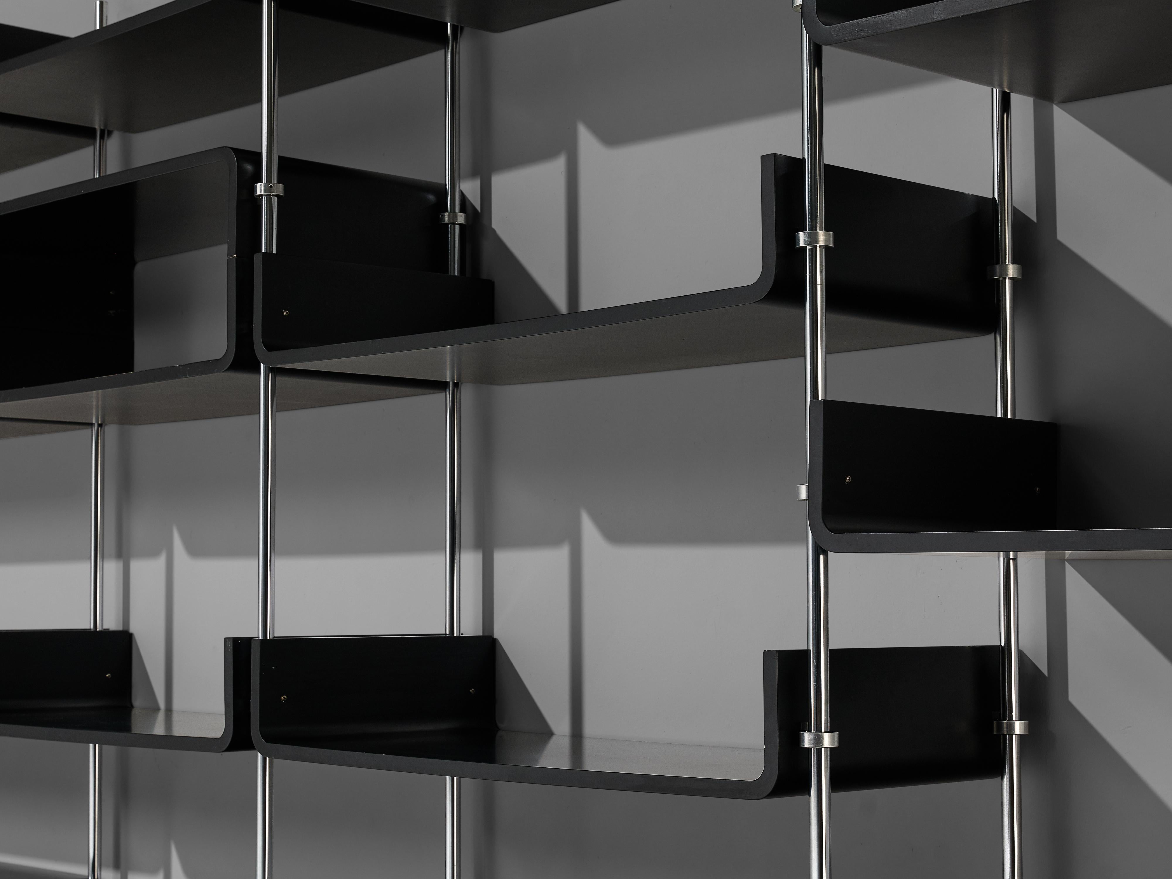 Michel Ducaroy Modular Wall Unit in Black Lacquered Wood and Steel For Sale 5
