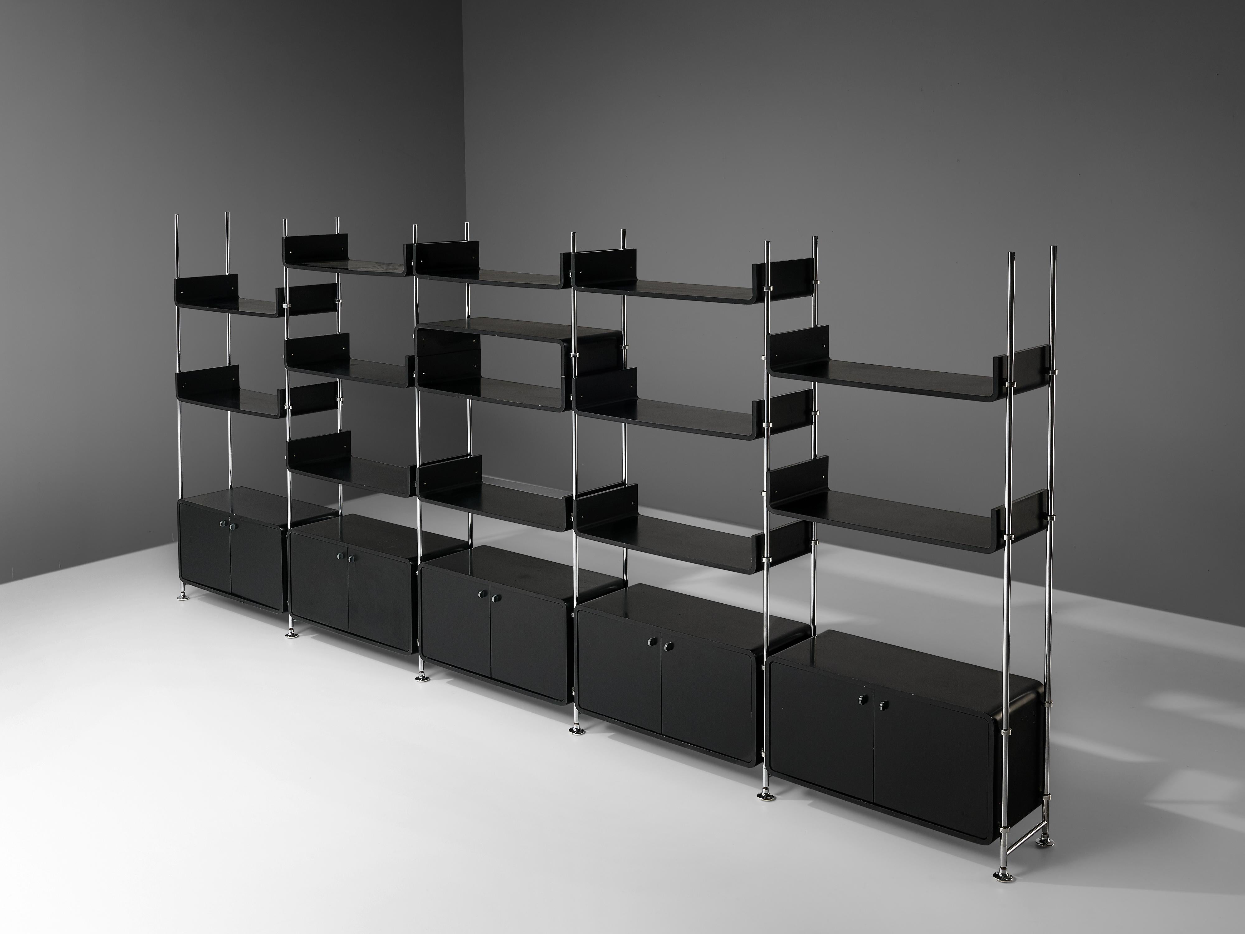 Michel Ducaroy Modular Wall Unit in Black Lacquered Wood and Steel For Sale 6