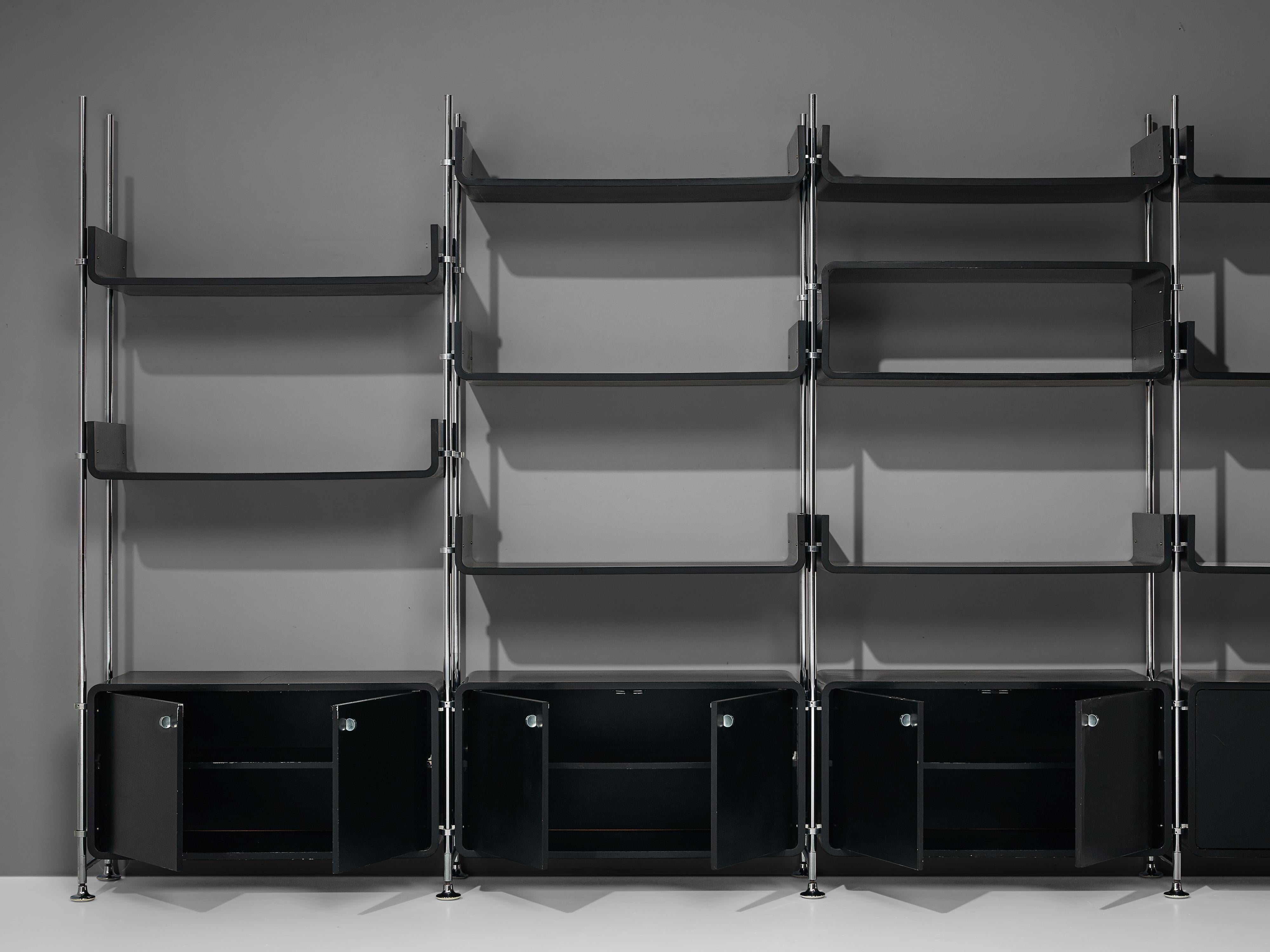 Michel Ducaroy Modular Wall Unit in Black Lacquered Wood and Steel For Sale 7