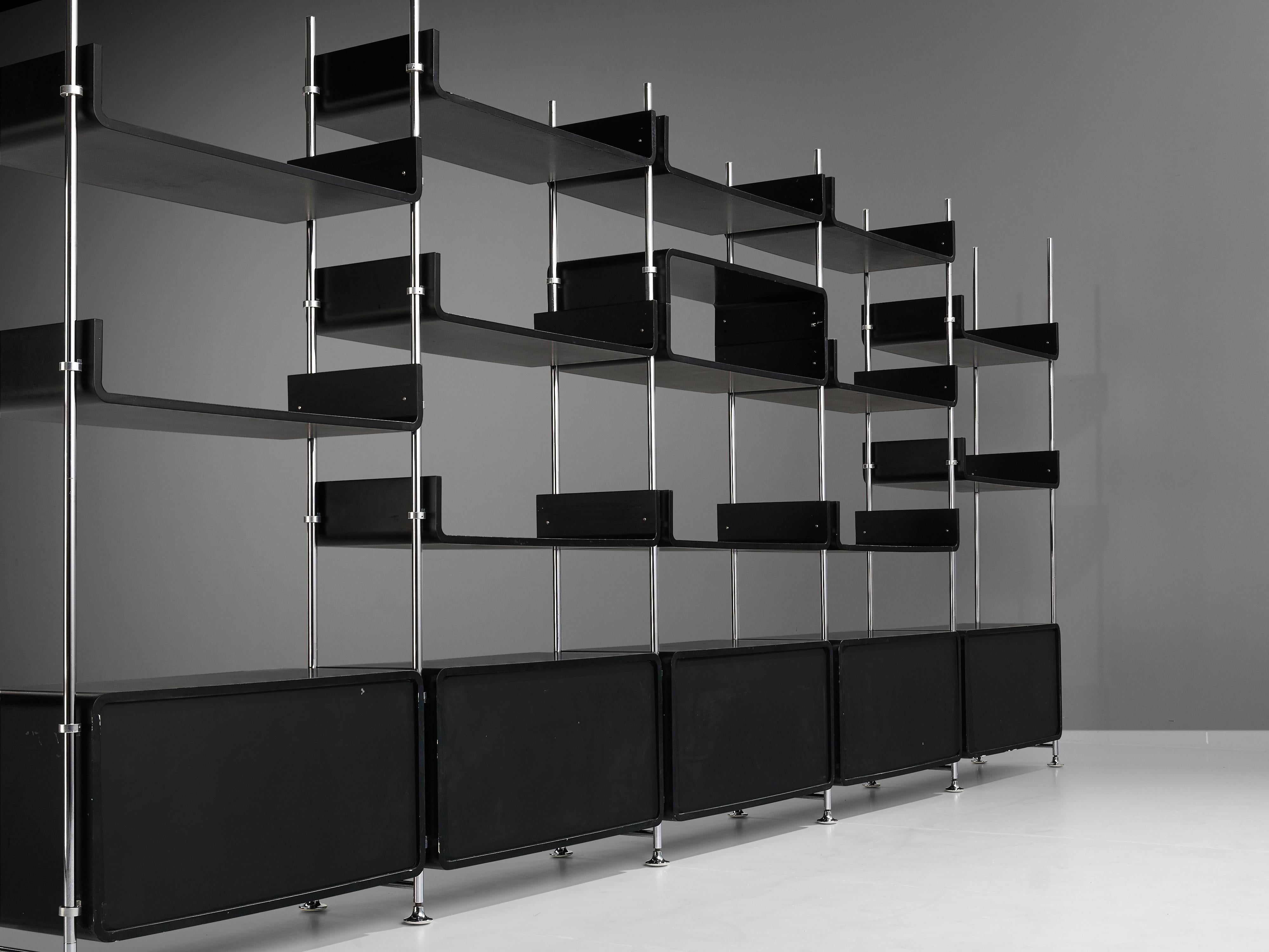 Michel Ducaroy Modular Wall Unit in Black Lacquered Wood and Steel For Sale 8