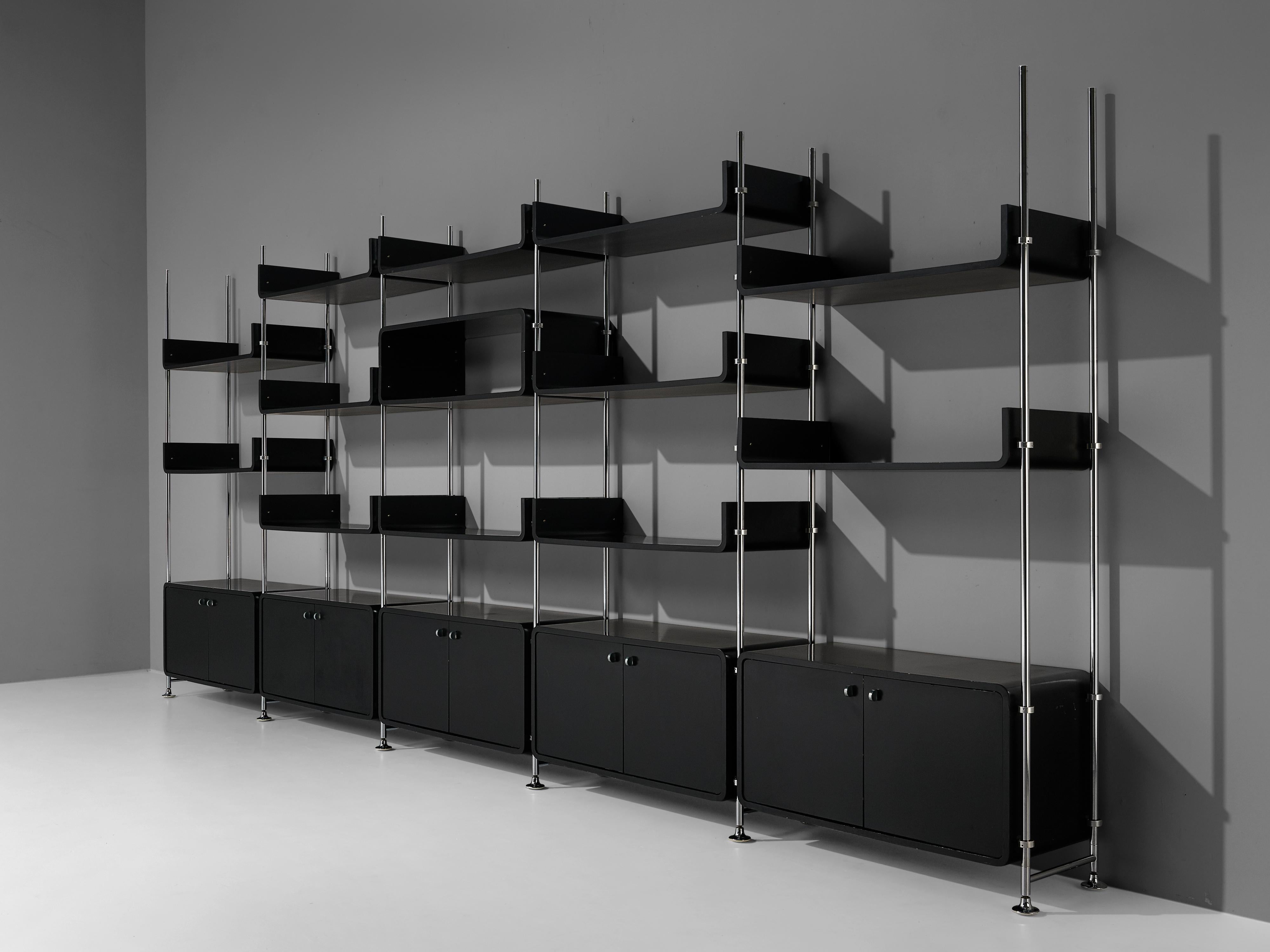 Michel Ducaroy Modular Wall Unit in Black Lacquered Wood and Steel For Sale 9
