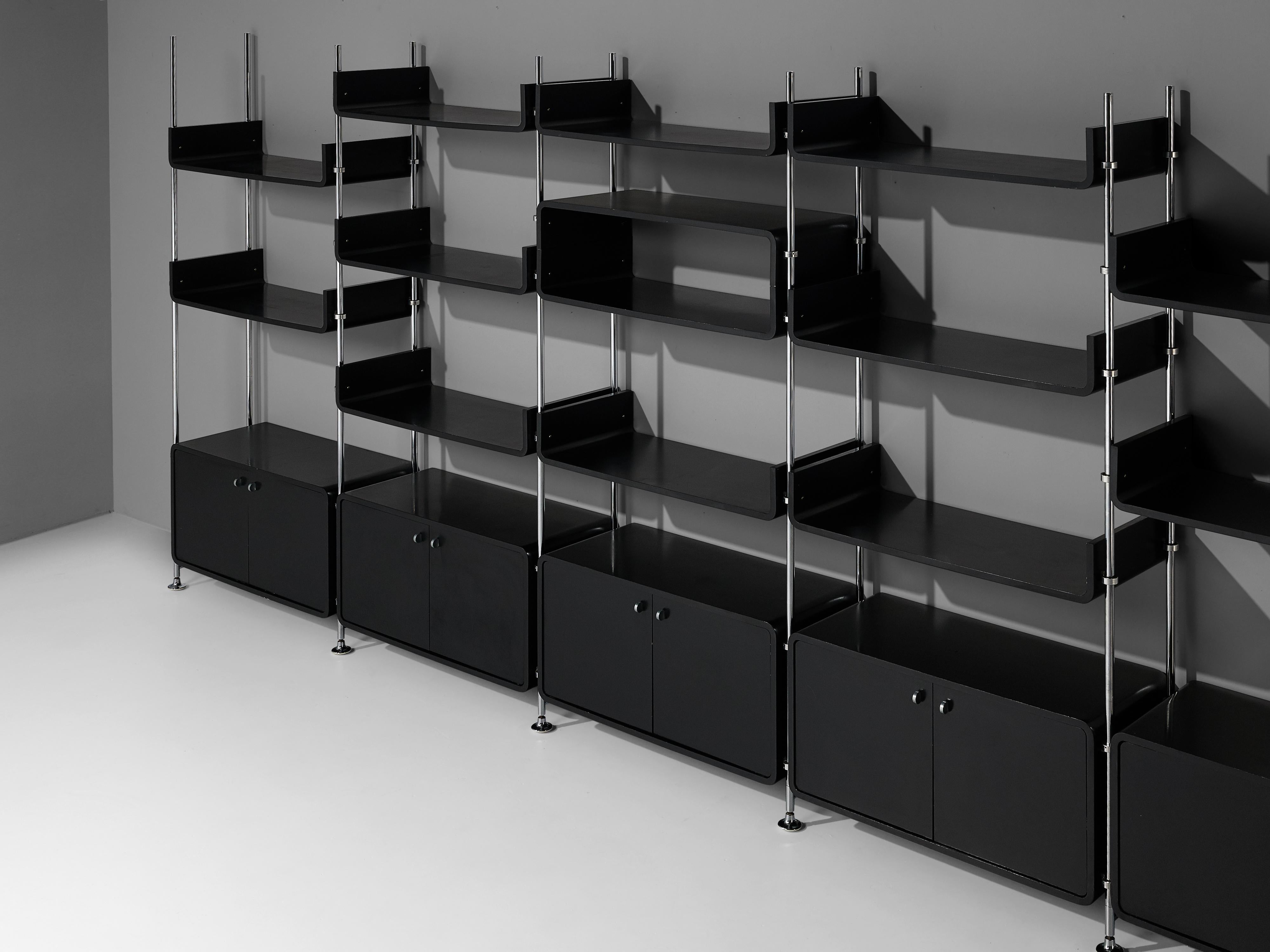 Michel Ducaroy Modular Wall Unit in Black Lacquered Wood and Steel For Sale 10