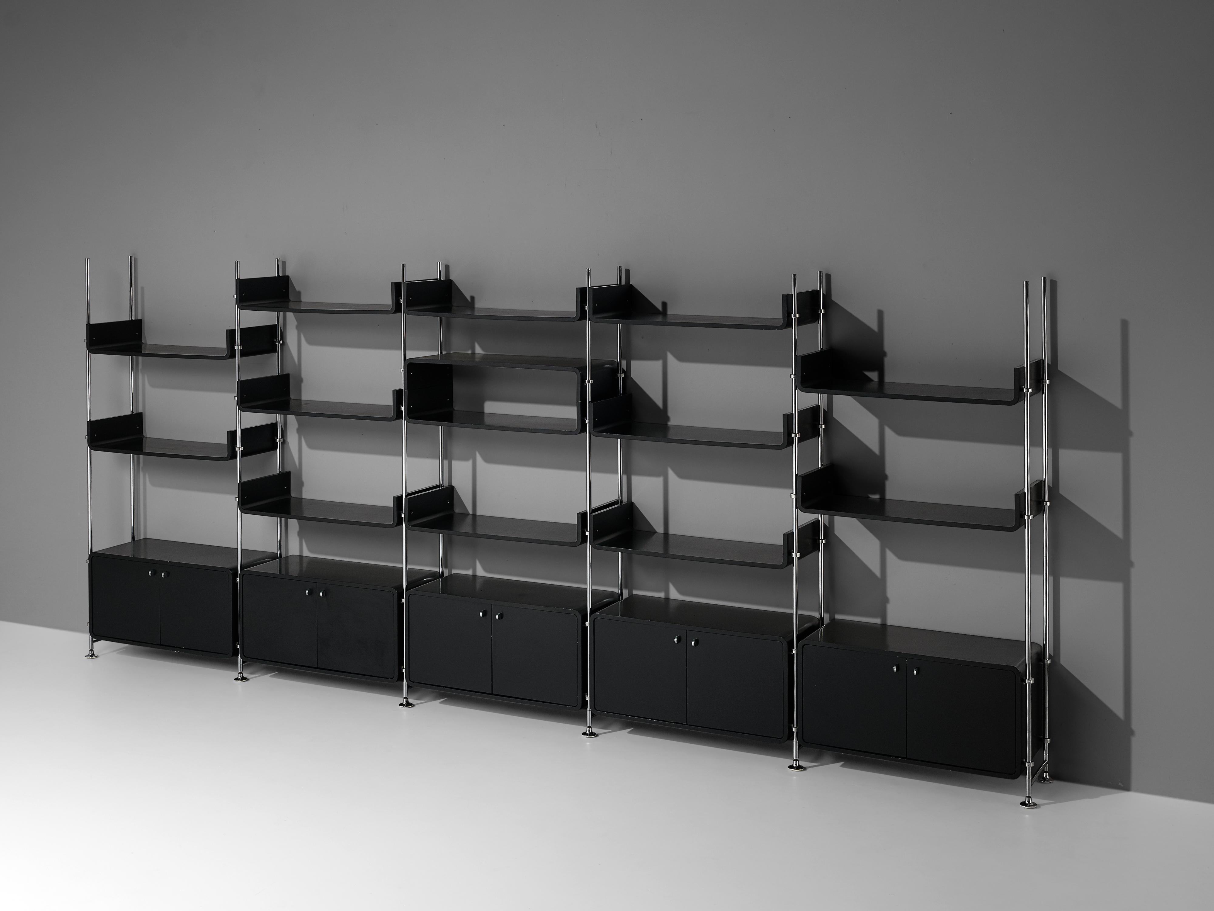 French Michel Ducaroy Modular Wall Unit in Black Lacquered Wood and Steel