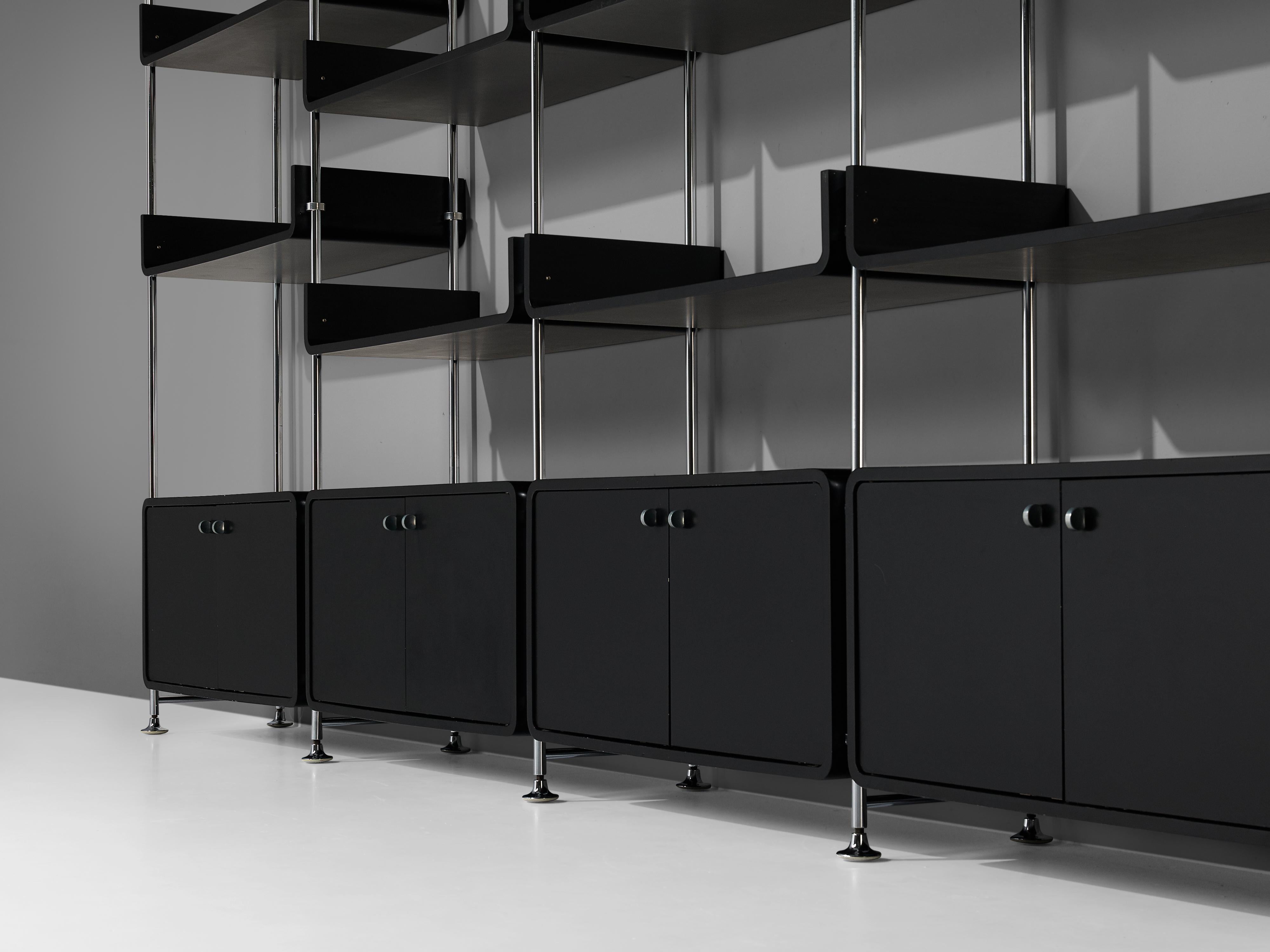Michel Ducaroy Modular Wall Unit in Black Lacquered Wood and Steel In Good Condition In Waalwijk, NL