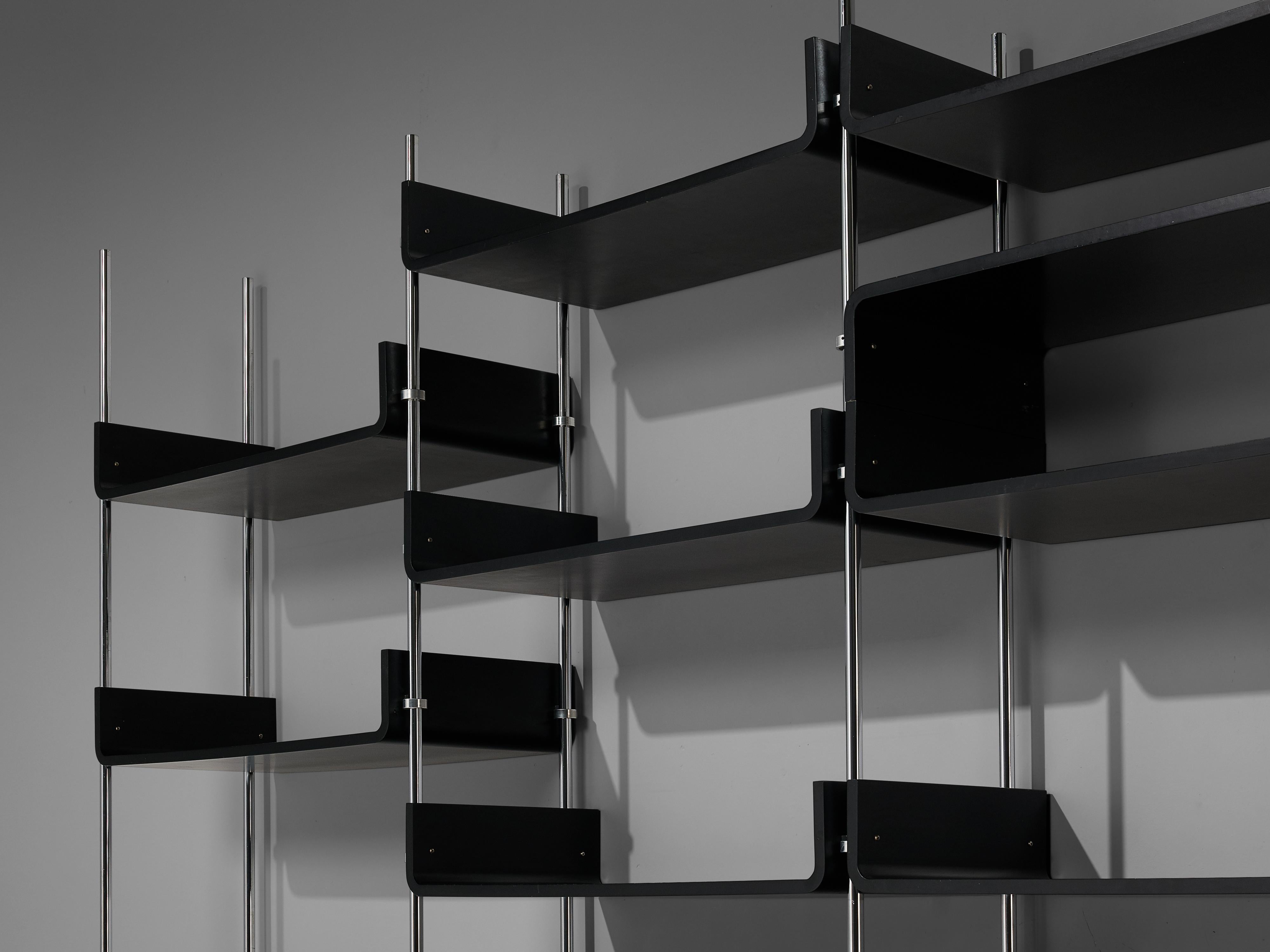 Michel Ducaroy Modular Wall Unit in Black Lacquered Wood and Steel For Sale 2
