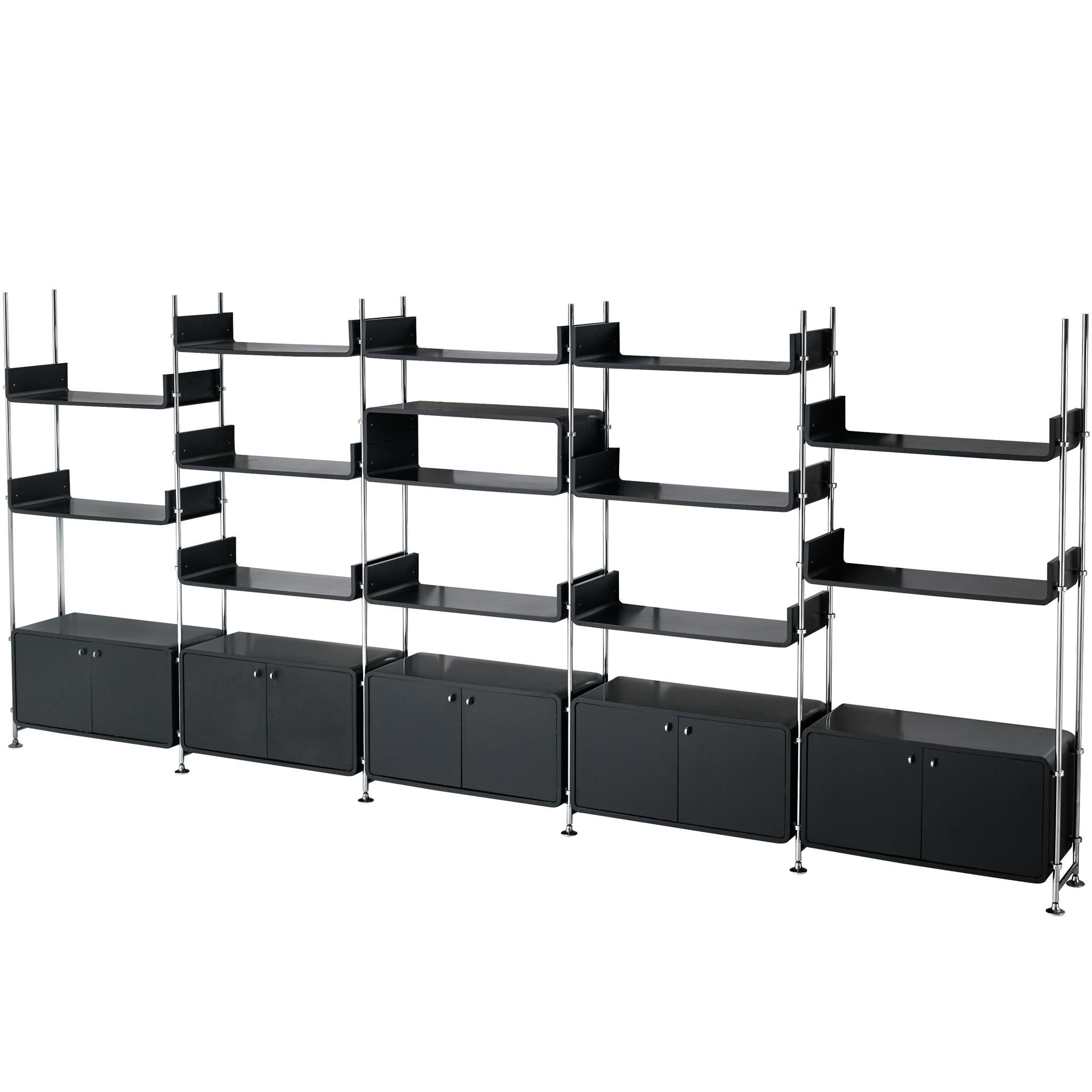 Michel Ducaroy Modular Wall Unit in Black Lacquered Wood and Steel