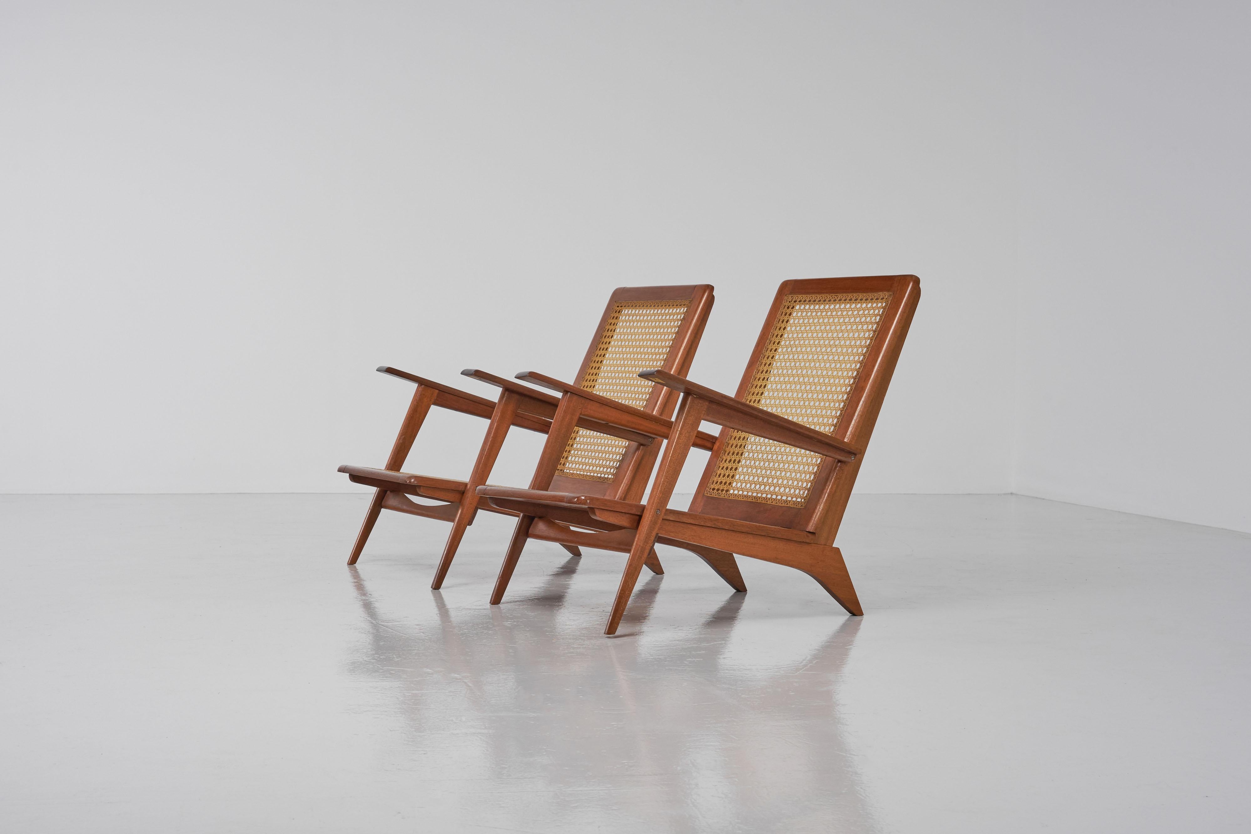 Excellent shaped large lounge chairs designed by Michel Ducaroy and manufactured by SNA Roset, France 1950s. Michel Ducaroy, of course enormously famous by his Togo sofa designed for his own company Ligne Roset, was the director of SNA Roset before