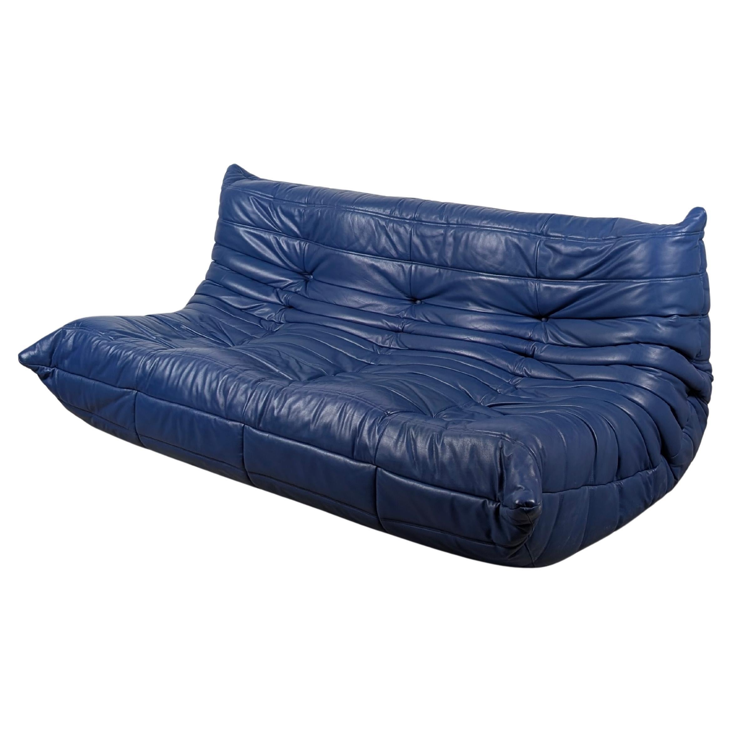 Michel Ducaroy Togo 3-Seater Sofa Blue Leather Ligne Roset France 1980s