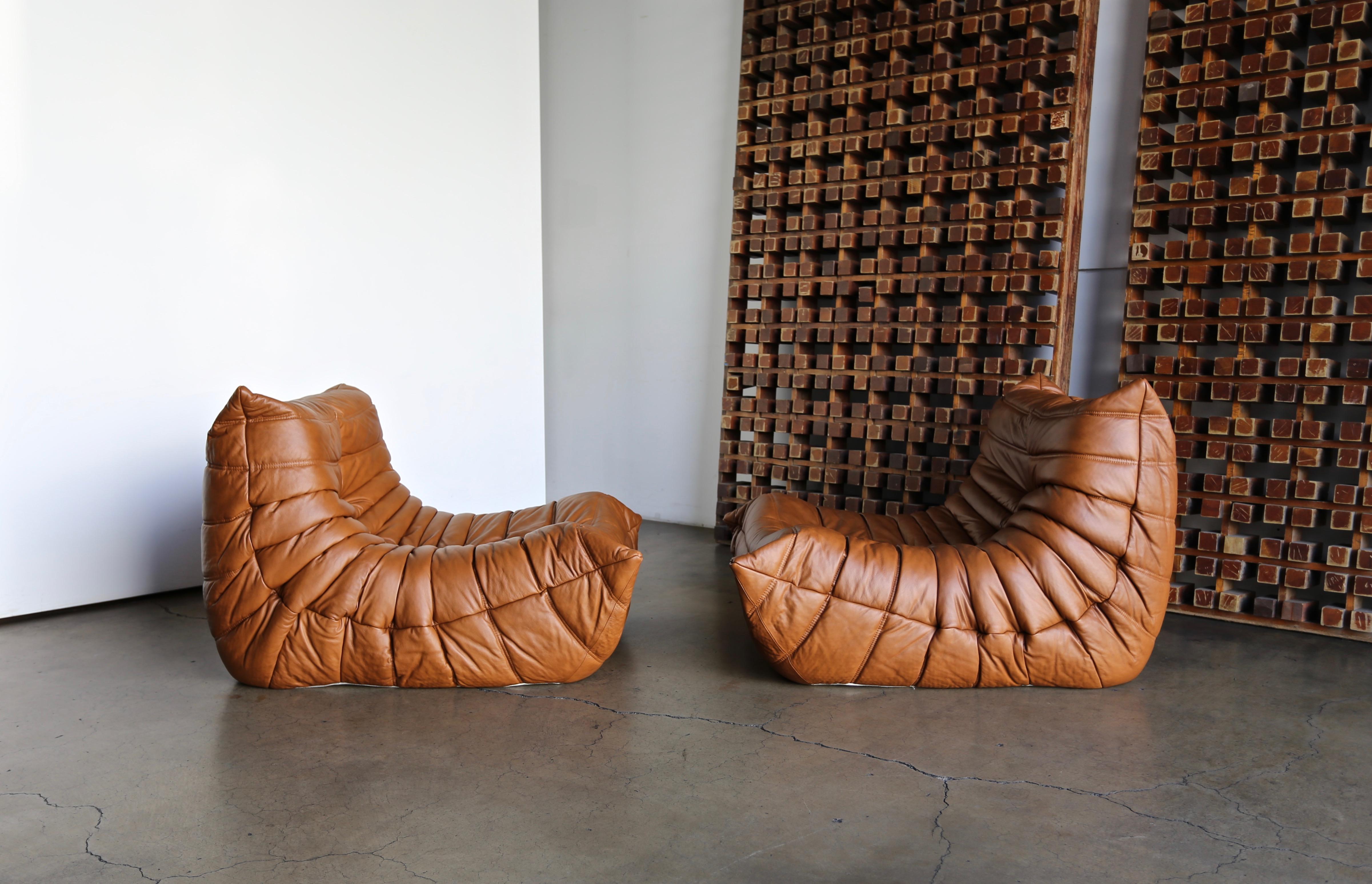 Michel Ducaroy pair of Togo leather lounge chairs for Ligne Roset.