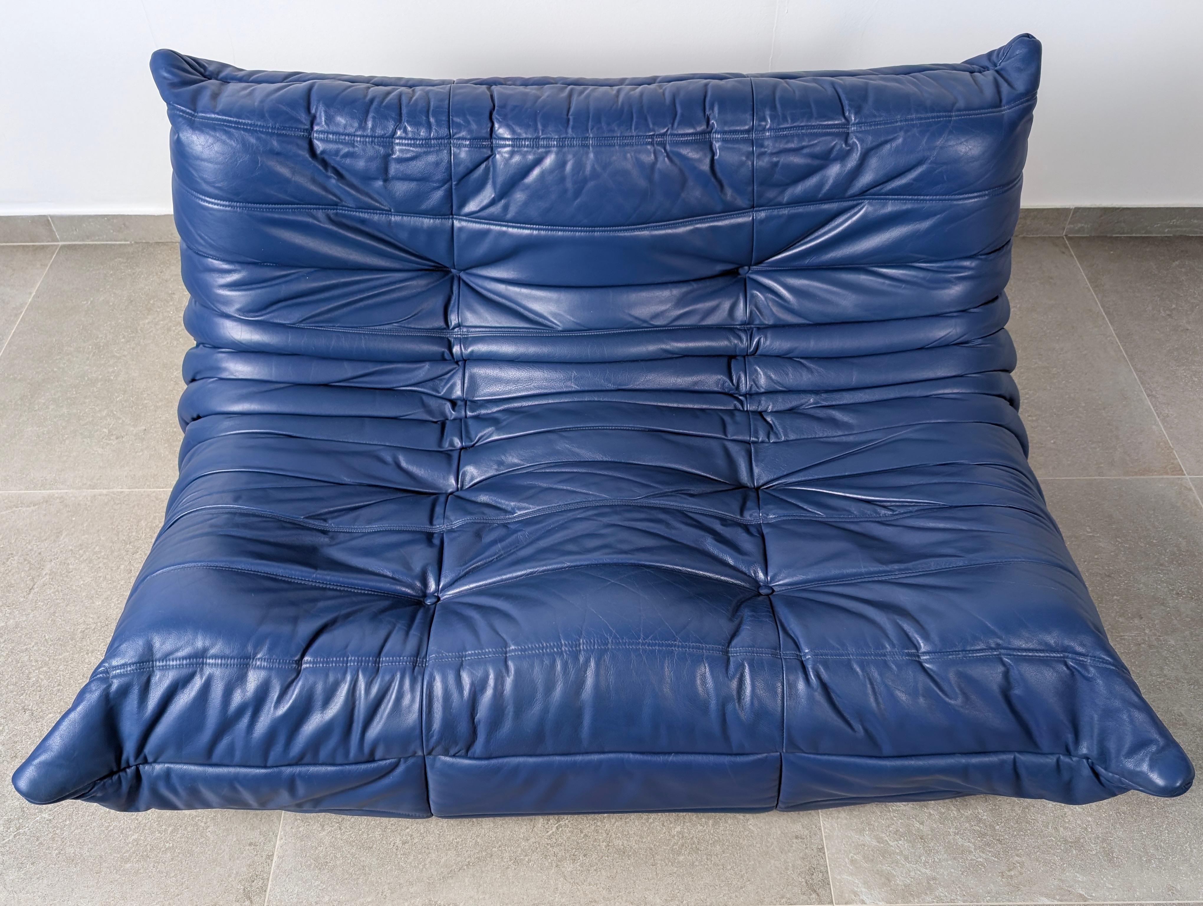 Fine XX secolo Poltrona Togo di Michel Ducaroy in pelle blu per Ligne Roset, Francia, anni '80 in vendita