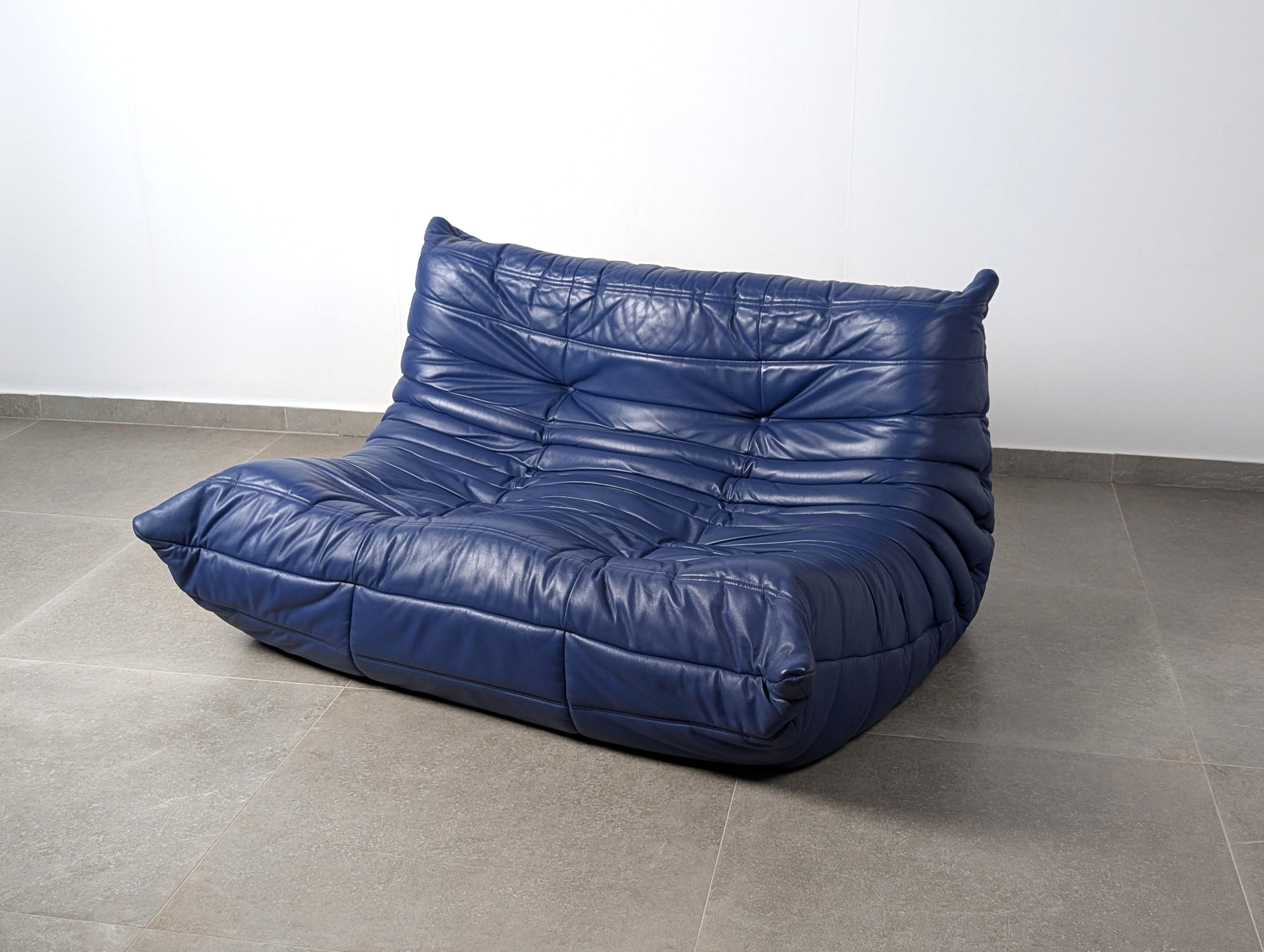 Pelle Poltrona Togo di Michel Ducaroy in pelle blu per Ligne Roset, Francia, anni '80 in vendita