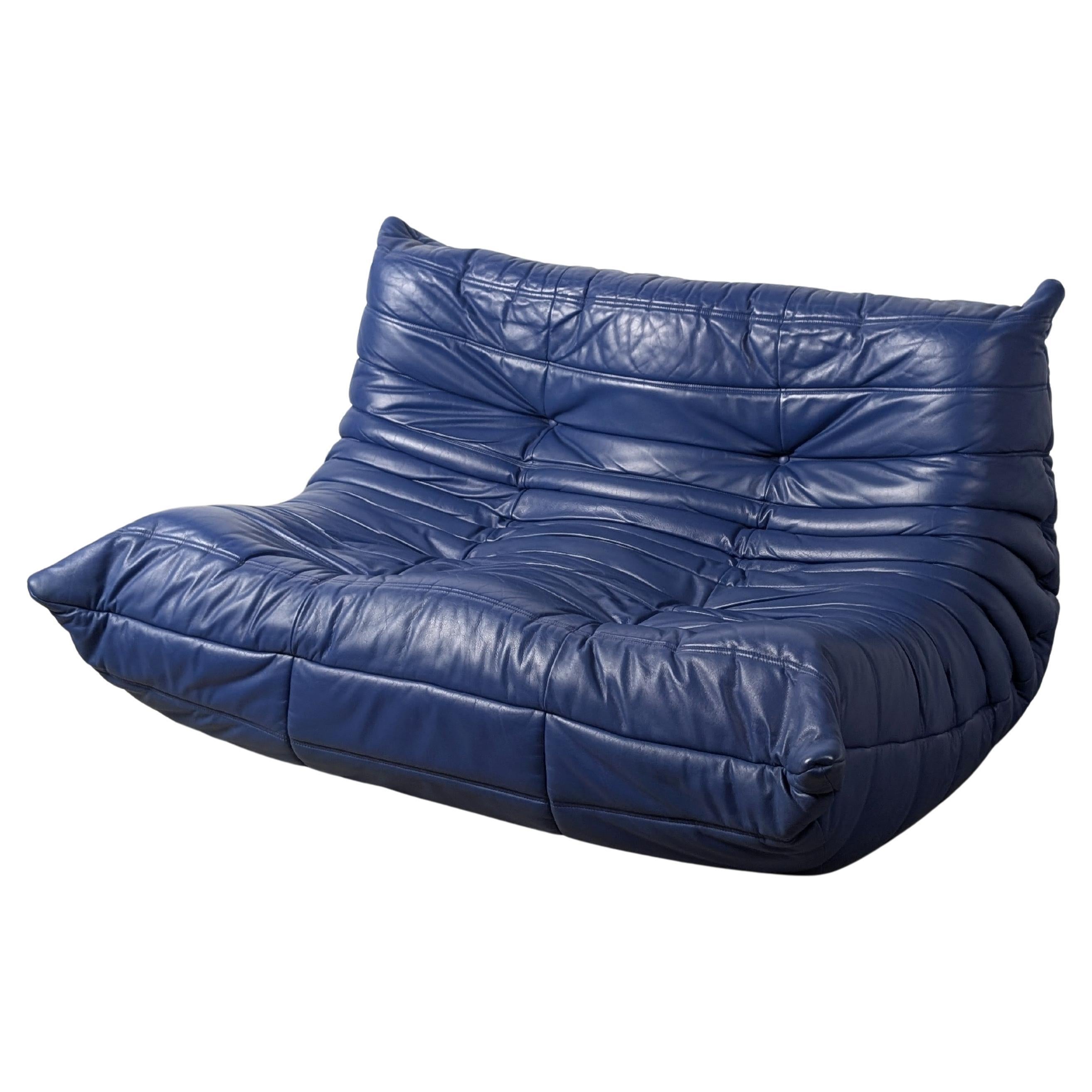Michel Ducaroy Togo Loveseat in Blue Leather for Ligne Roset, France, 1980s