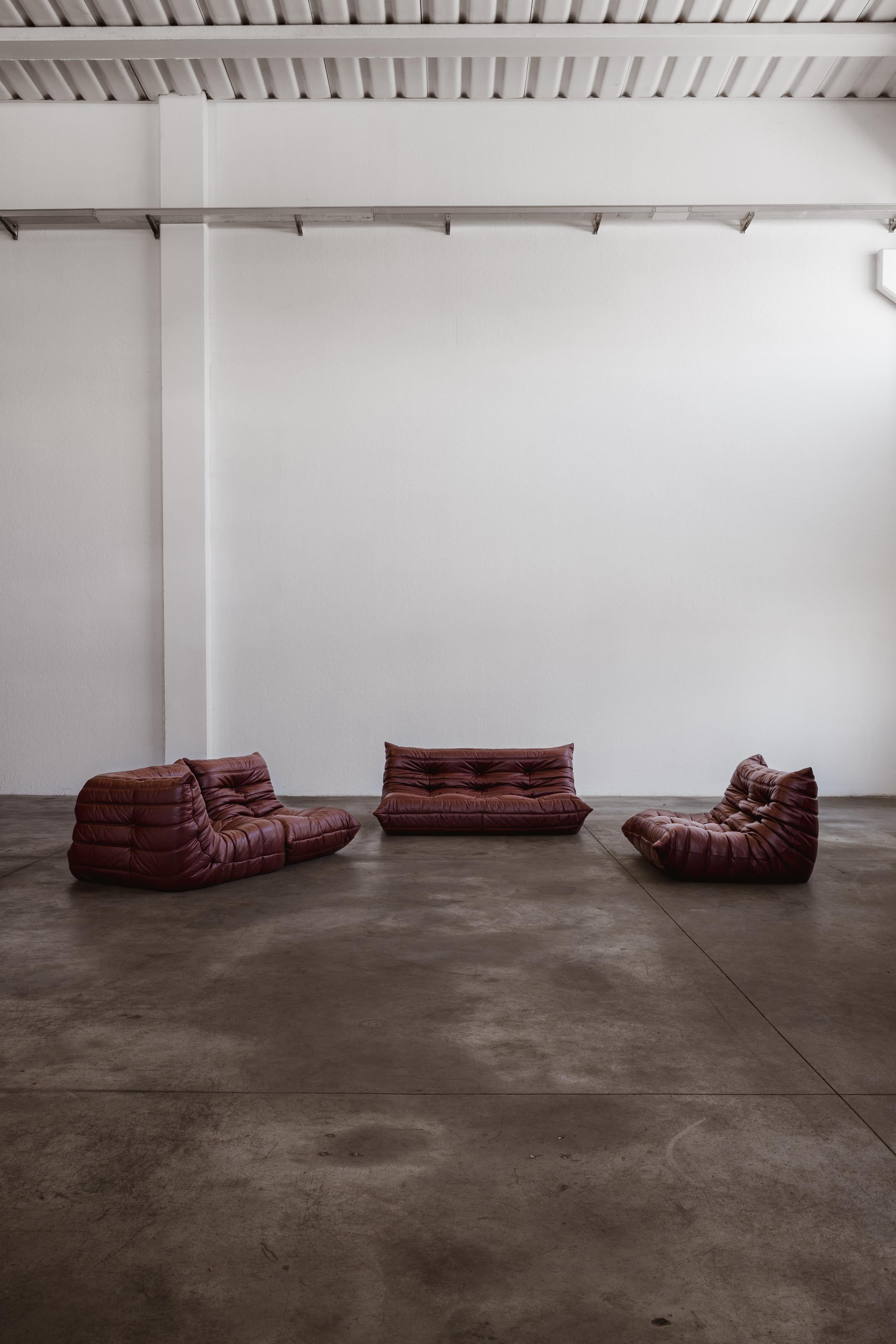 Late 20th Century Michel Ducaroy “Togo” Modular Sofa for Ligne Roset, Burgundy, 1973, Set of 4 For Sale