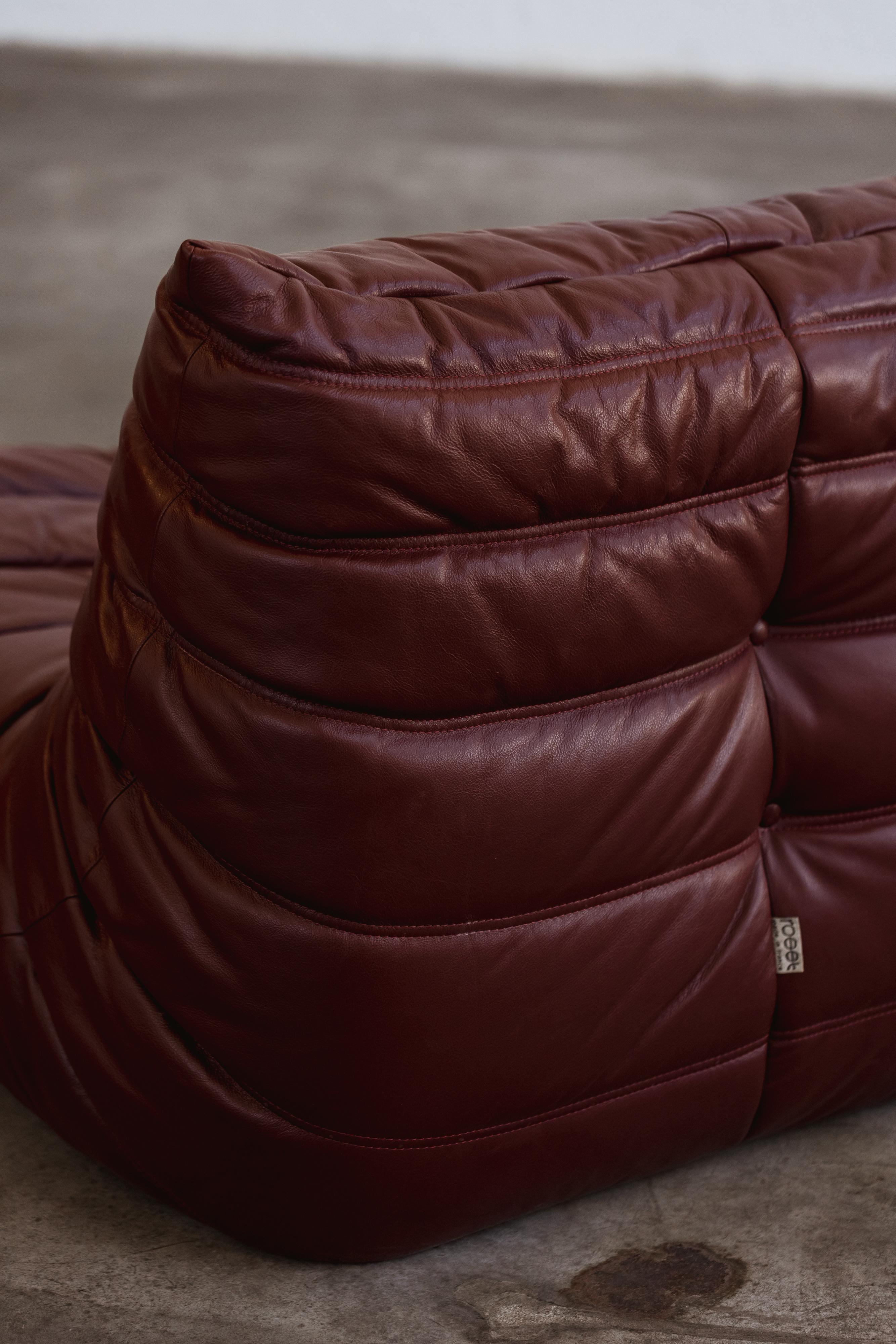 Leather Michel Ducaroy “Togo” Modular Sofa for Ligne Roset, Burgundy, 1973, Set of 4 For Sale