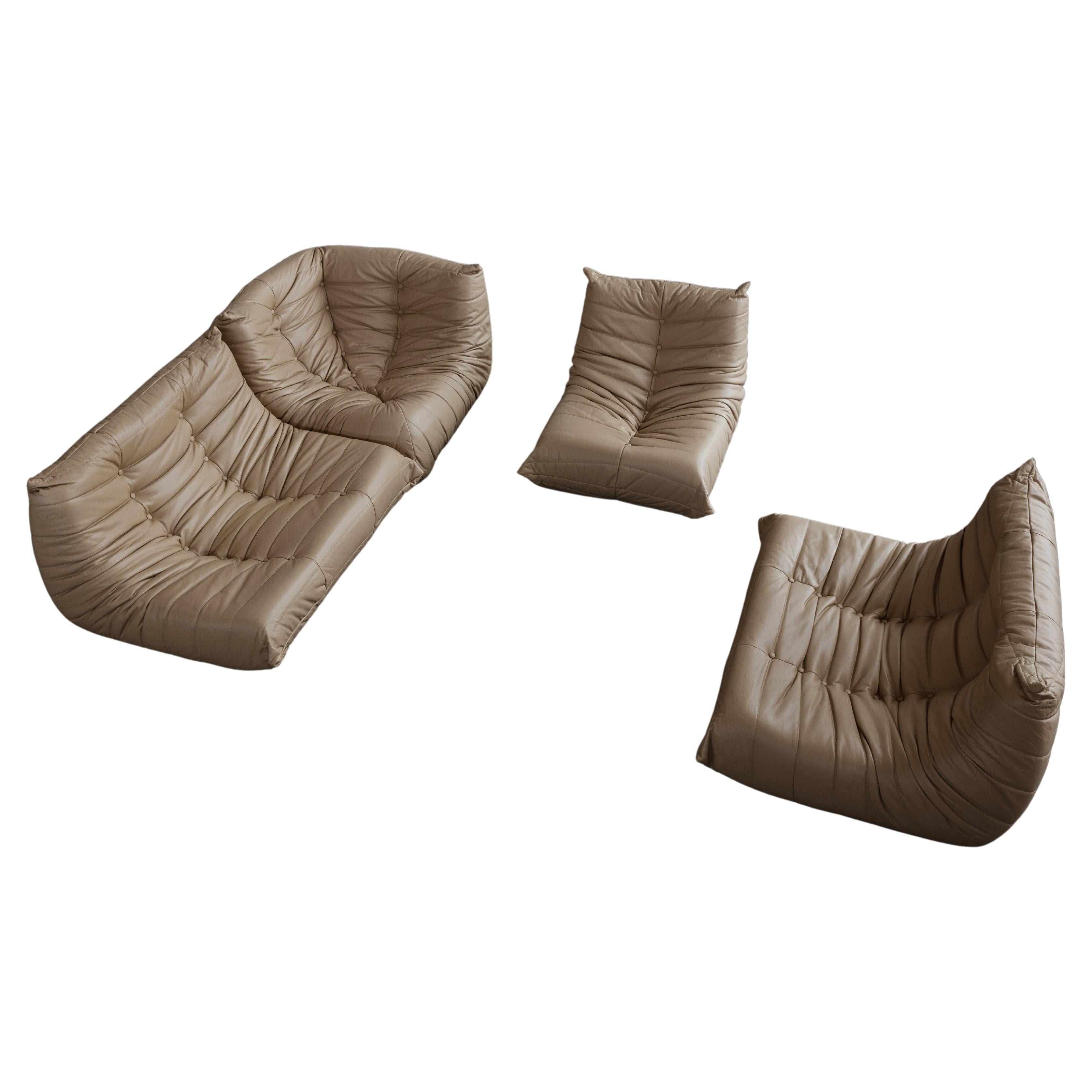 Michel Ducaroy “Togo” modular sofa for Ligne Roset, champagne leather and foam, France, 1973, set of four.

Togo, by Ligne Roset, is a historic armchair, designed in 1973 by Michel Ducaroy, with an innovative and original design. The soft seat is