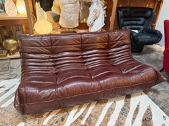 Michel Ducaroy “Togo” Three-Seat Sofa in Deep Brown Leather for Ligne Roset