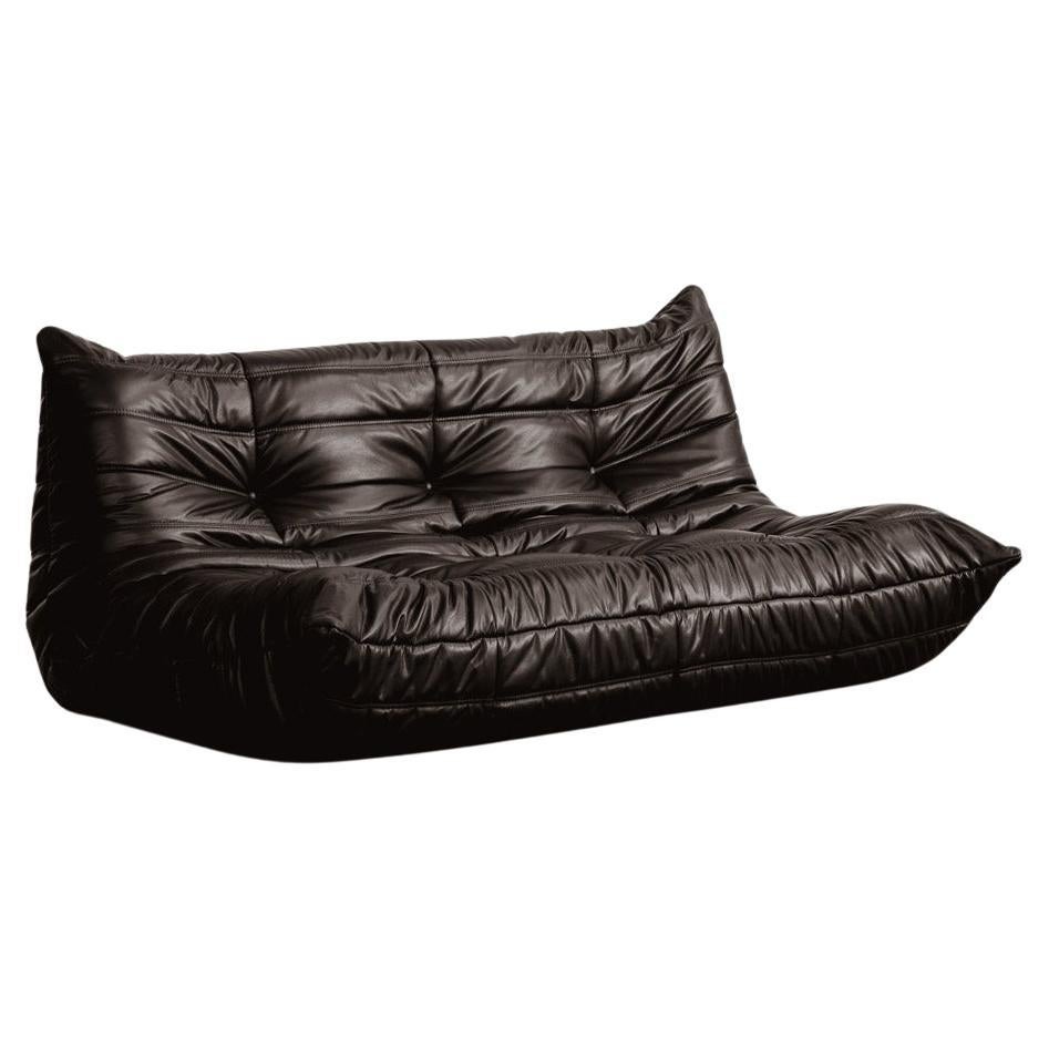 Michel Ducaroy "Togo" Dreisitzer-Sofa für Ligne Roset, schwarzes Leder, 1973 im Angebot