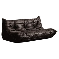 Michel Ducaroy “Togo” Three Seater Sofa for Ligne Roset, Black Leather, 1973