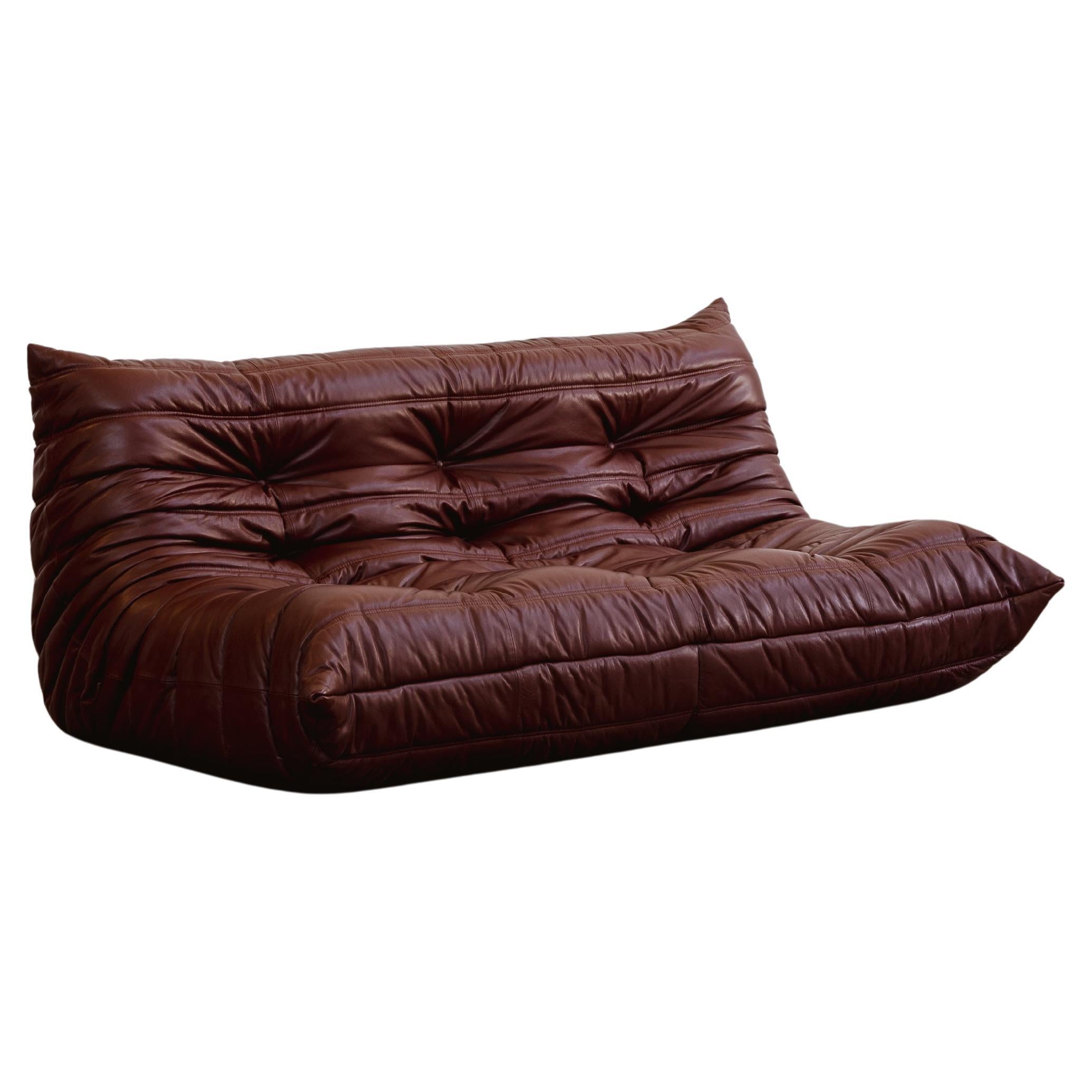 Michel Ducaroy “Togo” Three Seater Sofa for Ligne Roset, Burgundy Leather, 1973