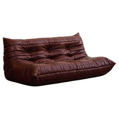 Michel Ducaroy “Togo” Three Seater Sofa for Ligne Roset, Burgundy Leather, 1973